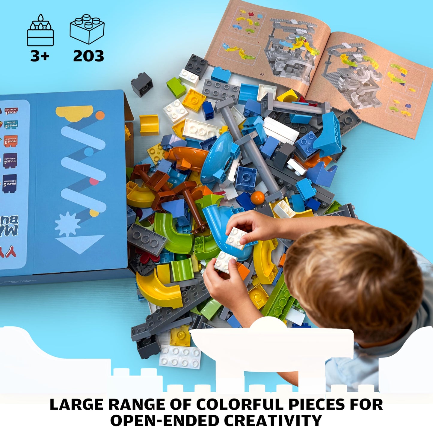 YY LANDTOYS 3in1 Marble Runs for Kids 3-5 | 203 Pieces LEGO DUPLO Compatible STEM Building Toy