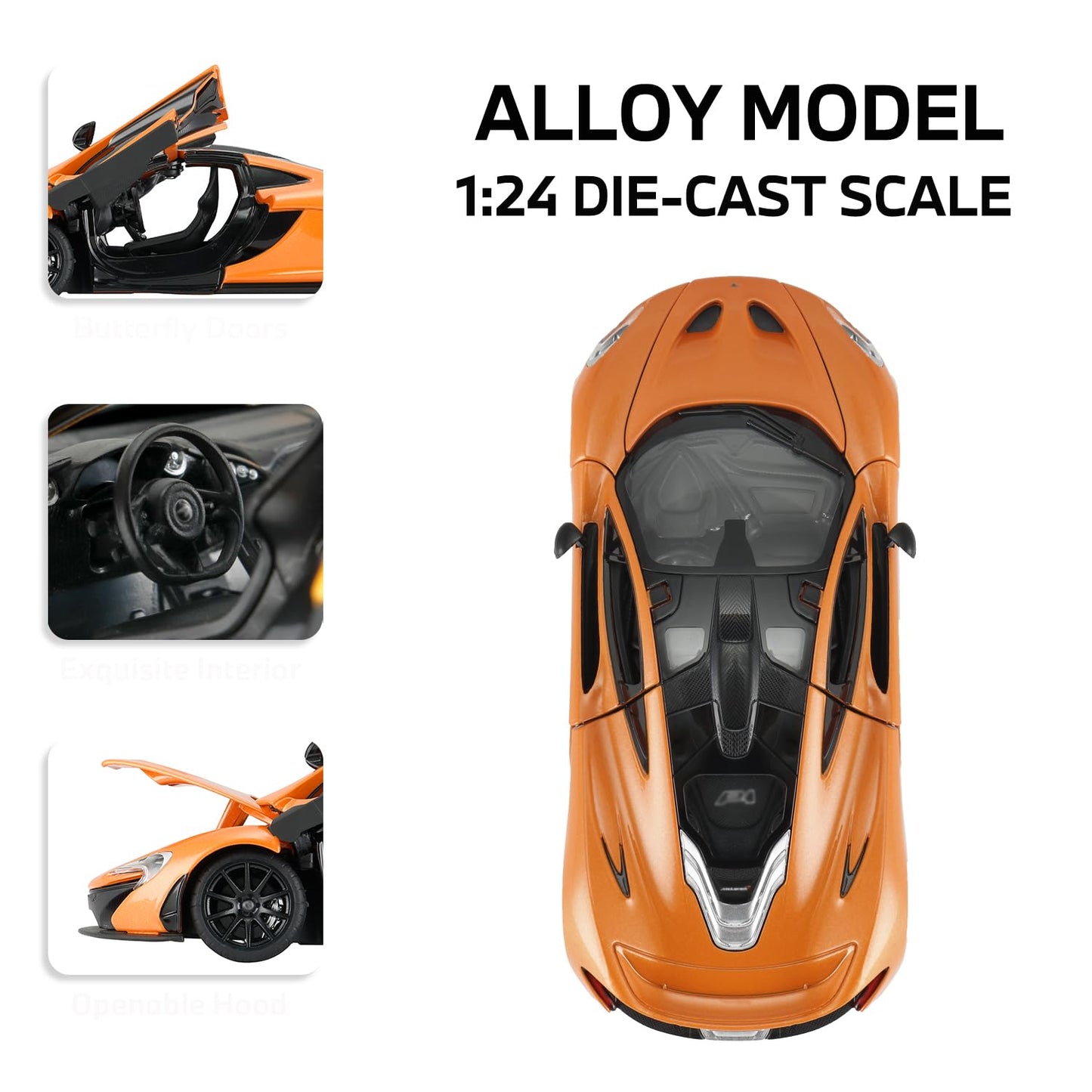 YYC 1:24 Diecast McLaren P1 – Orange Zinc Alloy Model Car with Open Doors & Hood