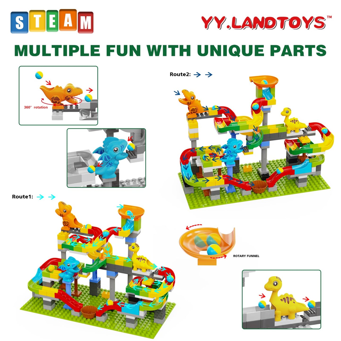 YY LANDTOYS Dinosaur Marble Run – 148-Piece STEM Building Toys for Kids 3-8