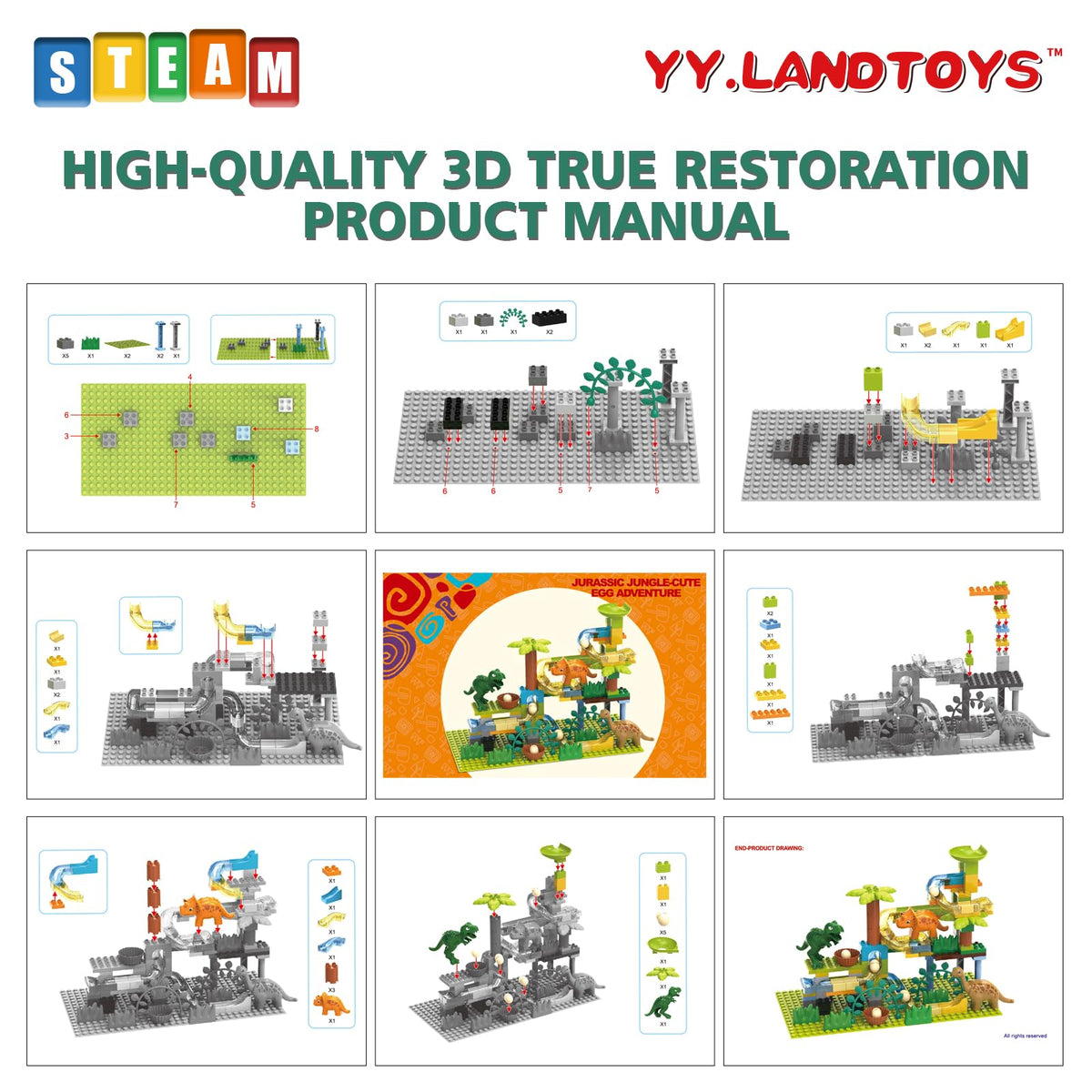 YY LANDTOYS Dinosaur Marble Run – 125Pcs STEM Building Blocks, LEGO DUPLO Compatible, for Kids 3-8
