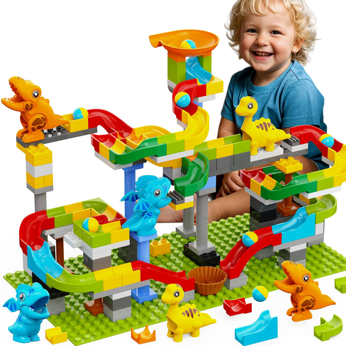 YY LANDTOYS Dinosaur Marble Run – 148-Piece STEM Building Toys for Kids 3-8