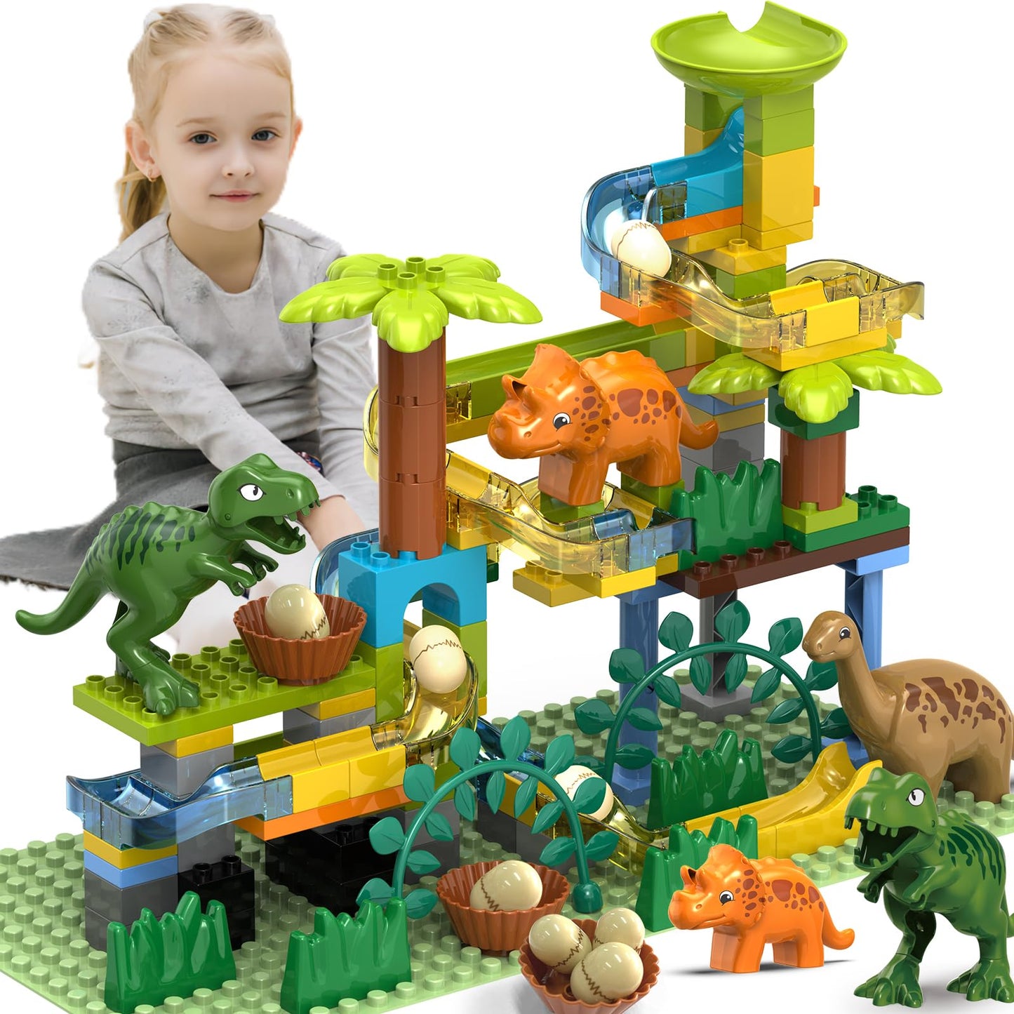 YY LANDTOYS Dinosaur Marble Run – 125Pcs STEM Building Blocks, LEGO DUPLO Compatible, for Kids 3-8