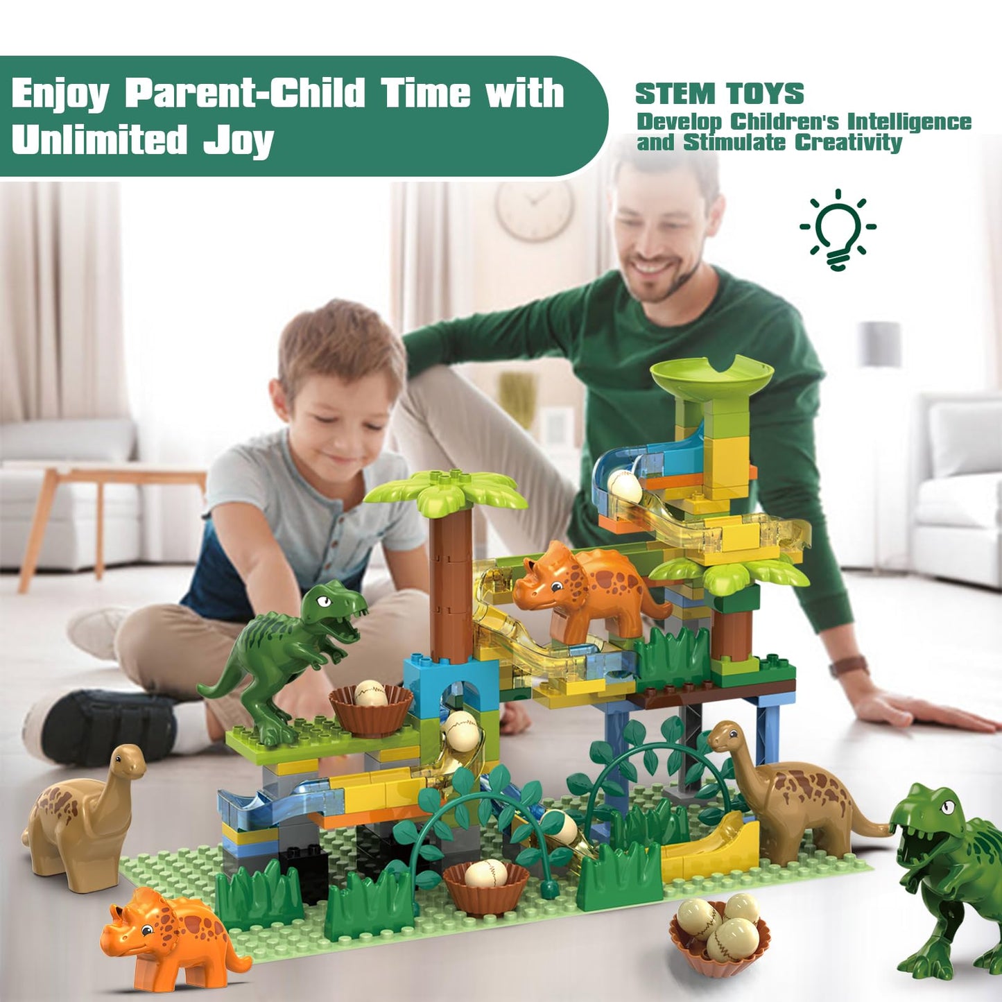 YY LANDTOYS Dinosaur Marble Run – 125Pcs STEM Building Blocks, LEGO DUPLO Compatible, for Kids 3-8