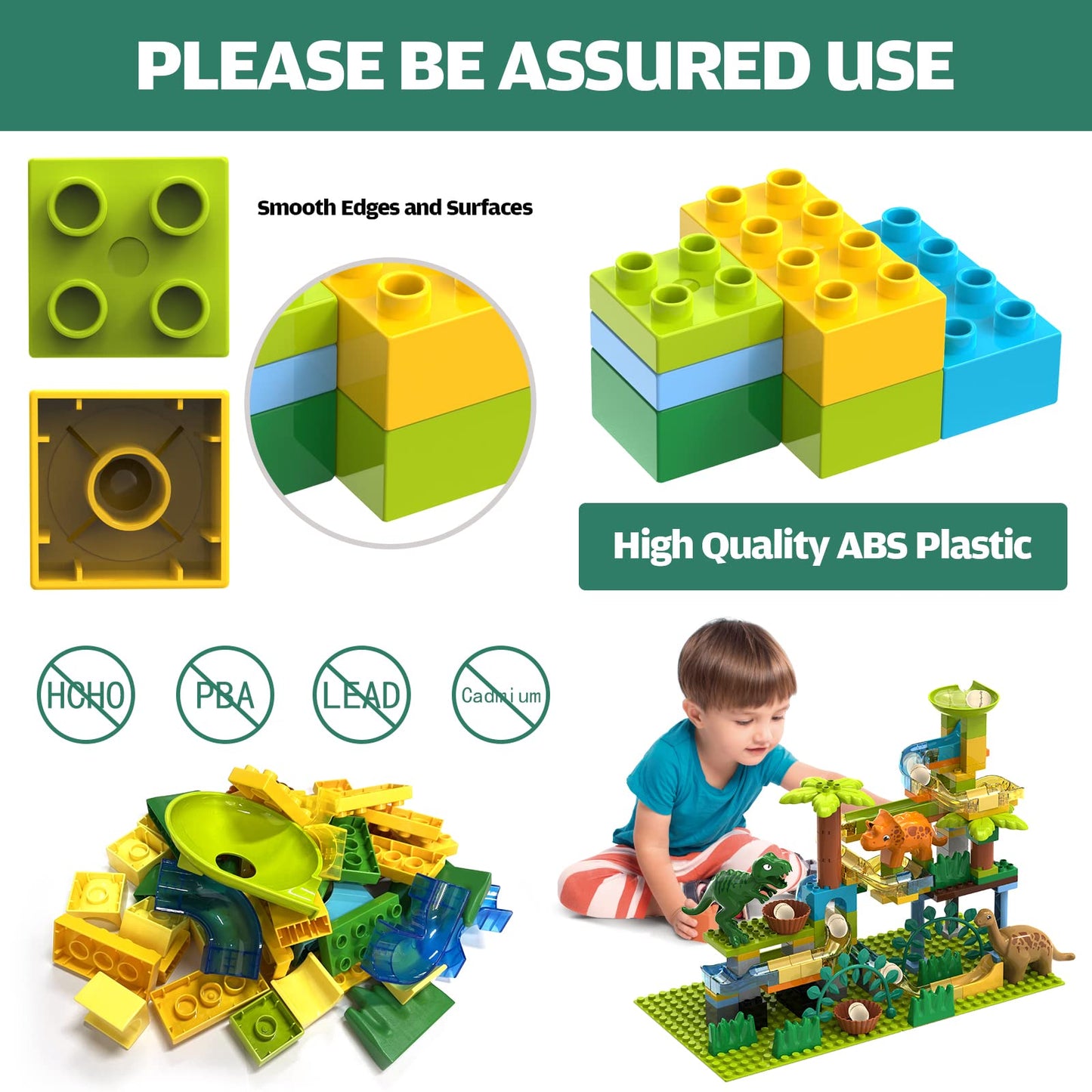 YY LANDTOYS Dinosaur Marble Run – 125Pcs STEM Building Blocks, LEGO DUPLO Compatible, for Kids 3-8