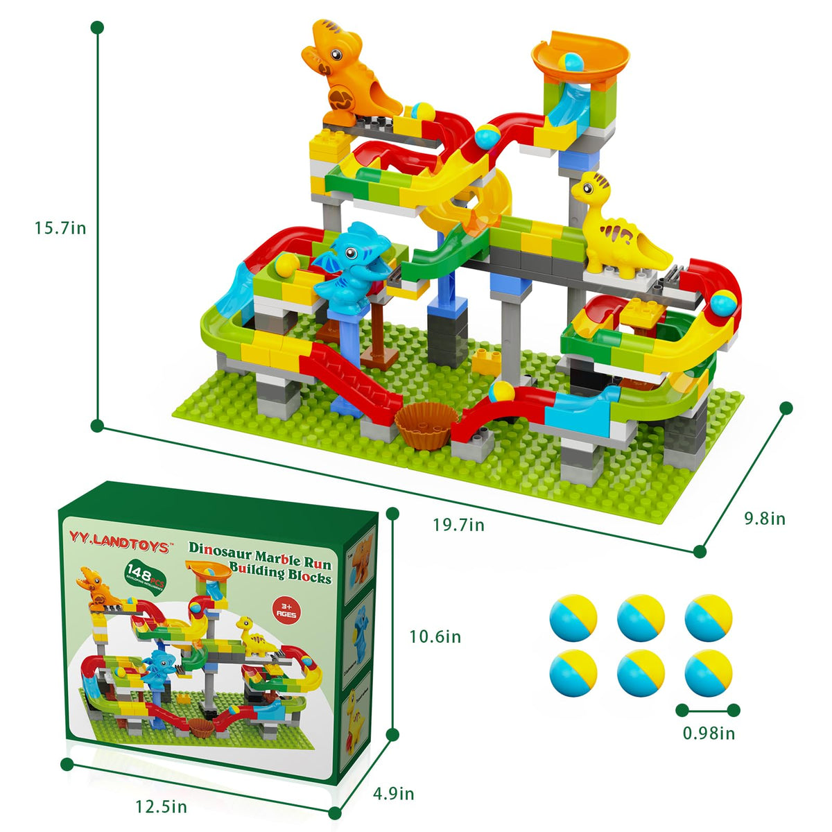 YY LANDTOYS Dinosaur Marble Run – 148-Piece STEM Building Toys for Kids 3-8