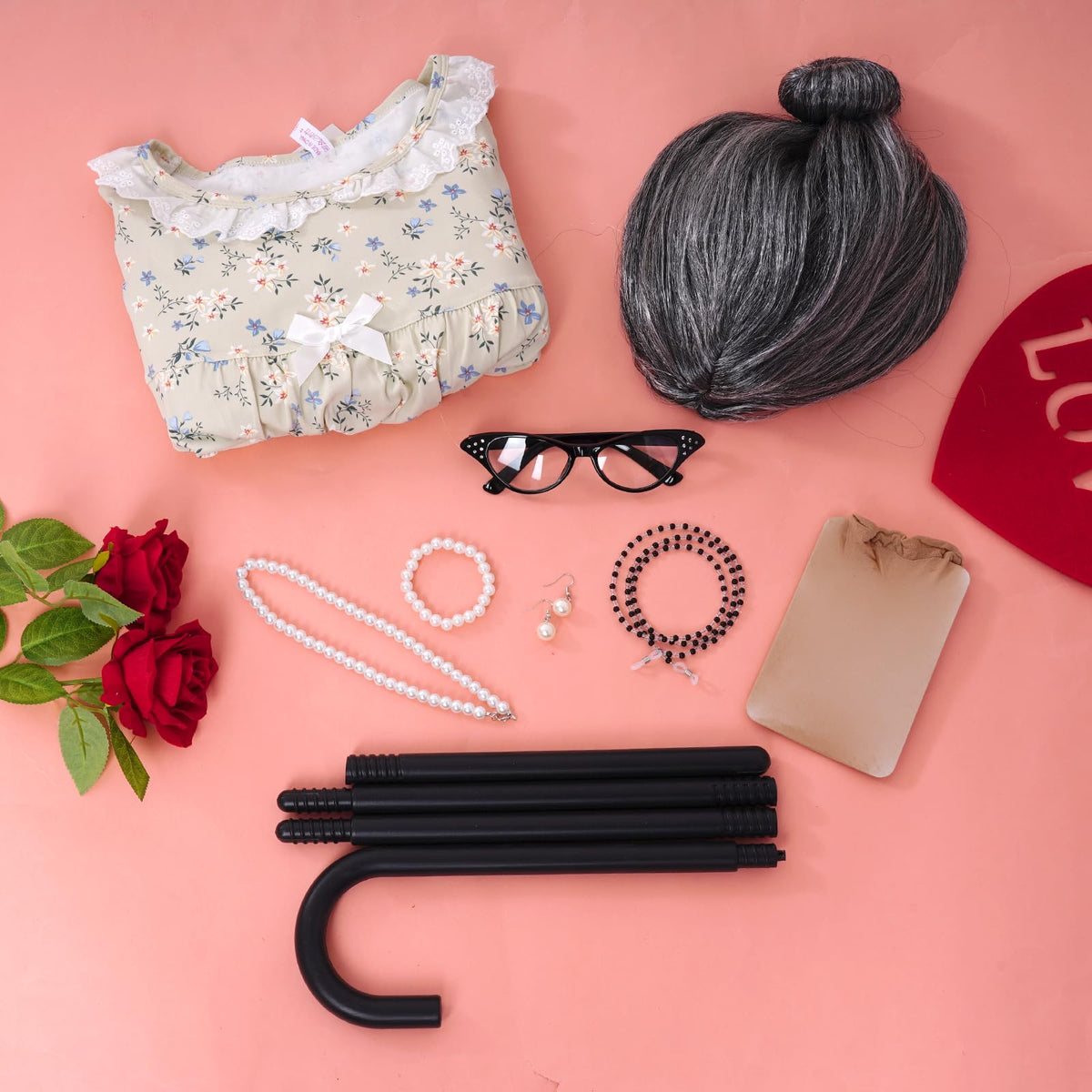 Yymobt 9-Piece Old Lady Costume for 100th Day of School – Granny Wig & Accessories