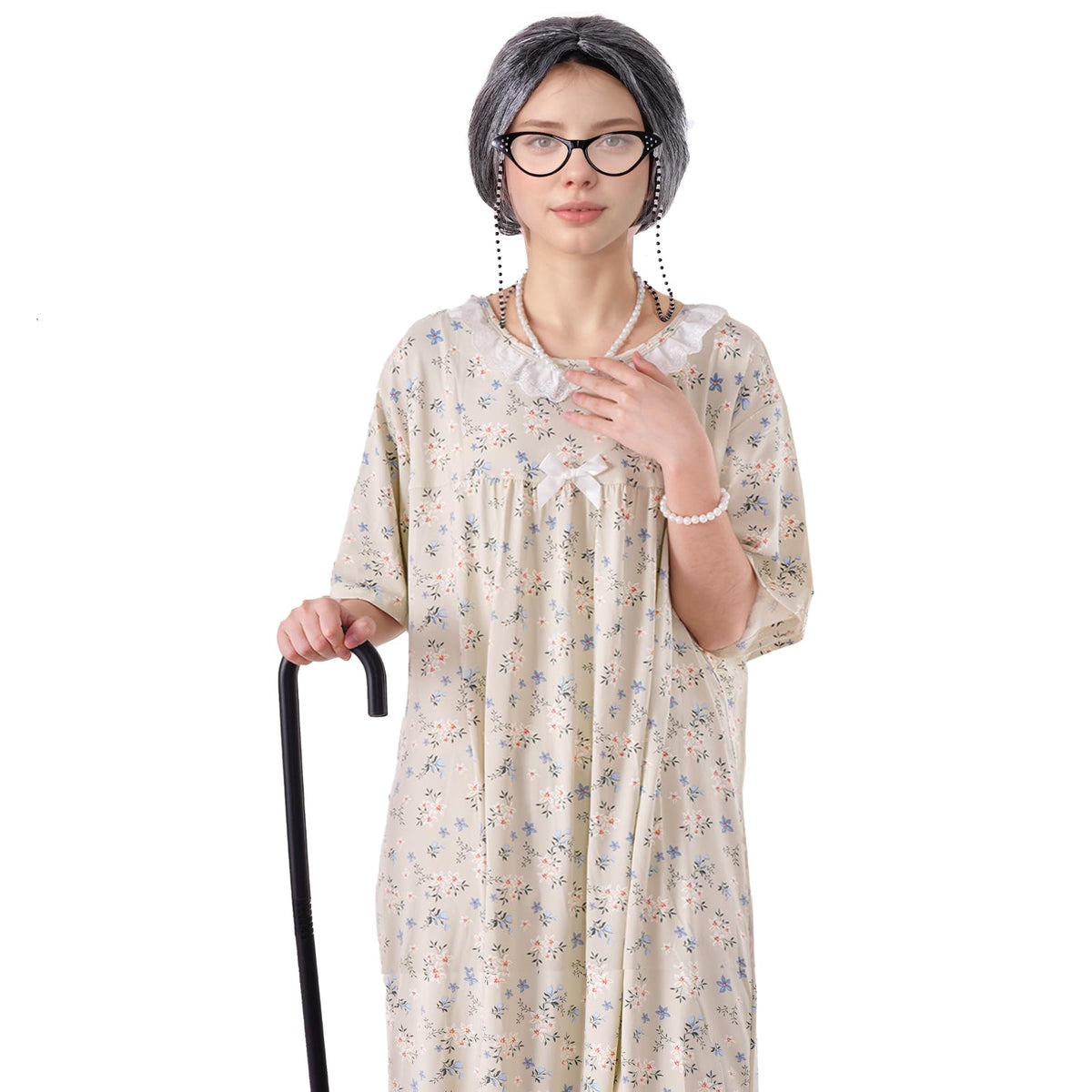 Yymobt 9-Piece Old Lady Costume for 100th Day of School – Granny Wig & Accessories