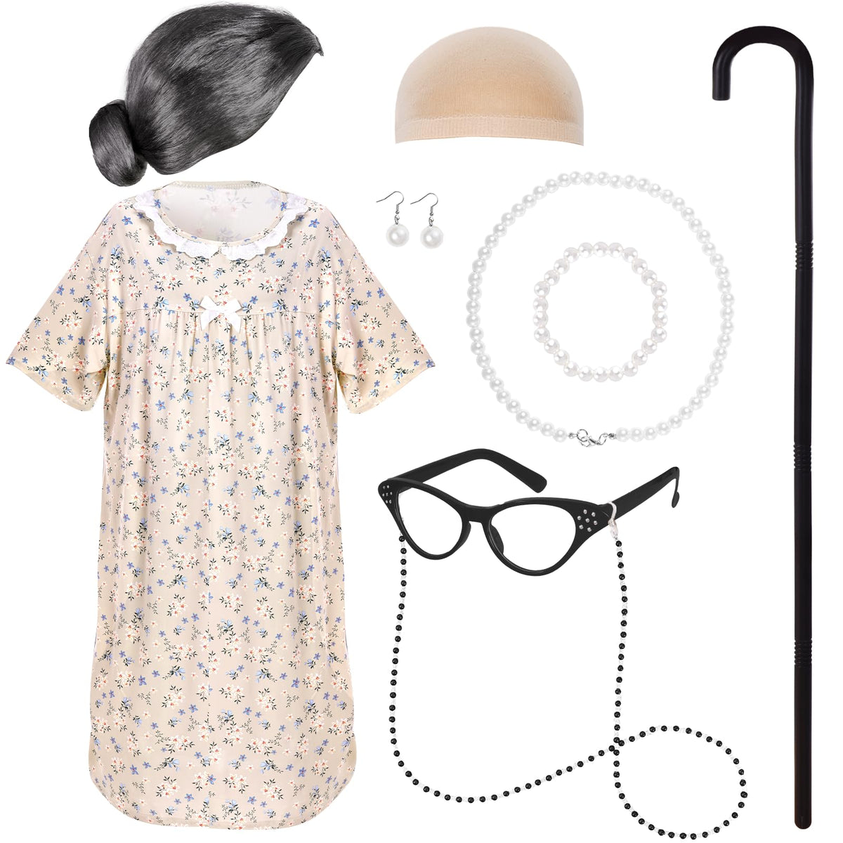 Yymobt 9-Piece Old Lady Costume for 100th Day of School – Granny Wig & Accessories