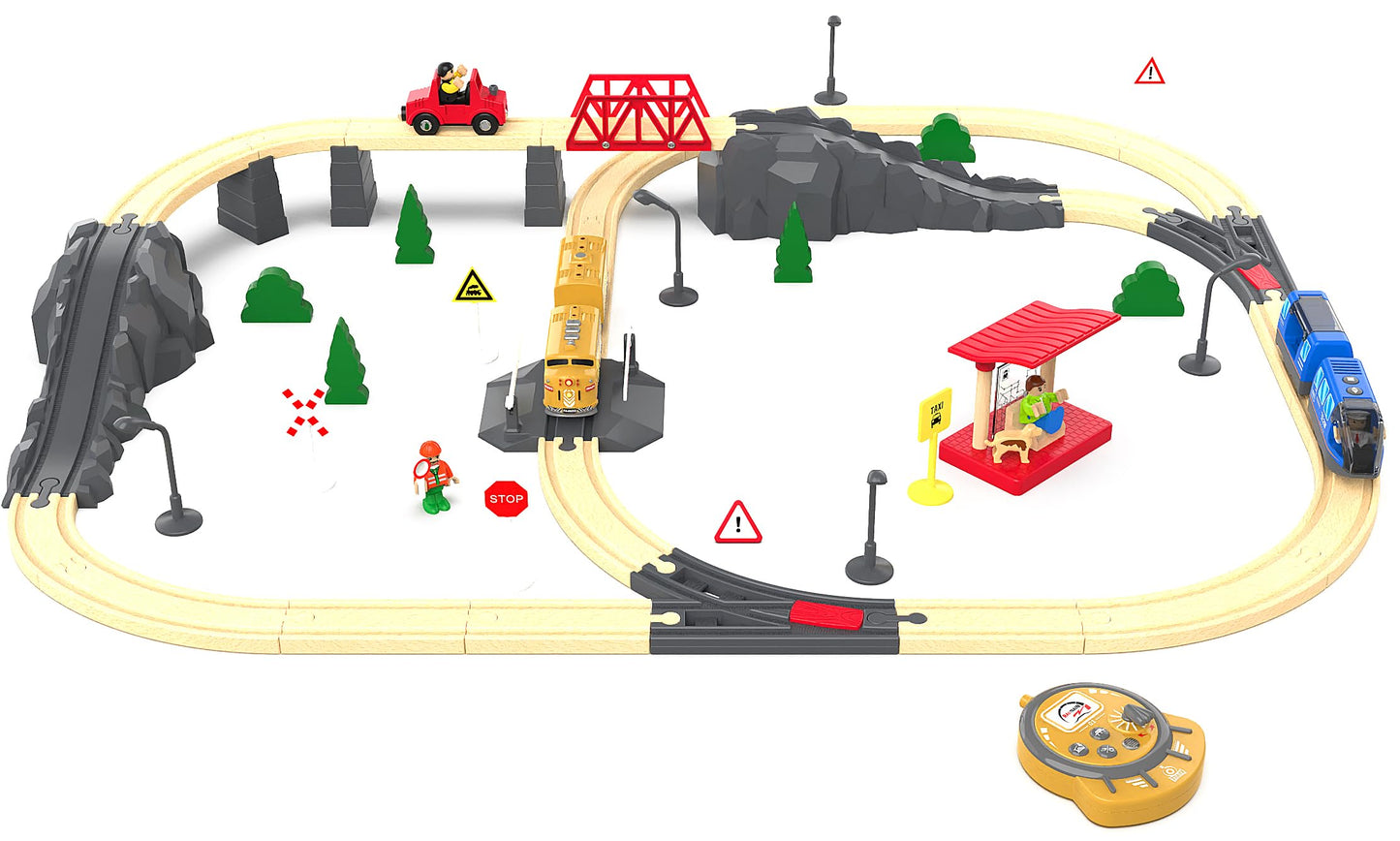 Z MAYABBO Motorized Train for Kids — Remote-Control Locomotive with Lights on Wooden Tracks