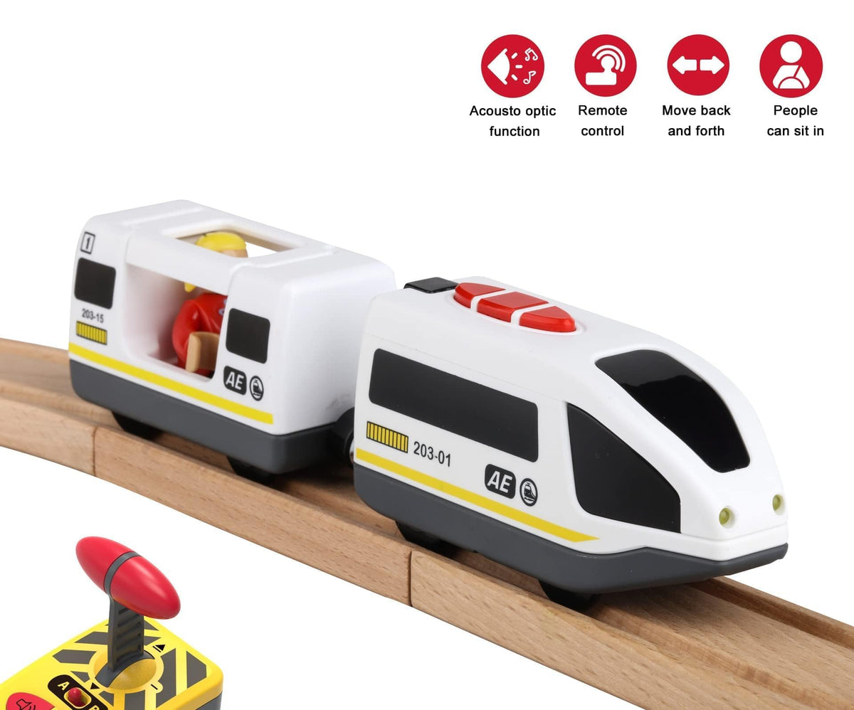 Z MAYABBO Wooden Train Set Accessories – Battery-Operated Locomotive with Remote, Compatible with Major Wood Track Brands