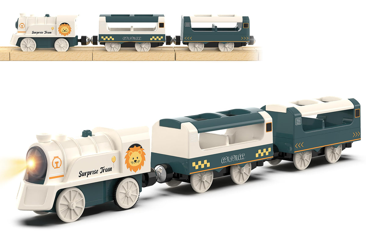 Z MAYABBO Battery Powered 3-Car Train Set for Wooden Tracks – Compatible with Thomas & Friends, Brio, Chuggington
