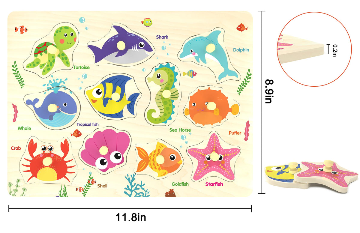 Z MAYABBO Wooden Peg Puzzle – Sea Creature 11-Piece Puzzle for Toddlers 18 Months+