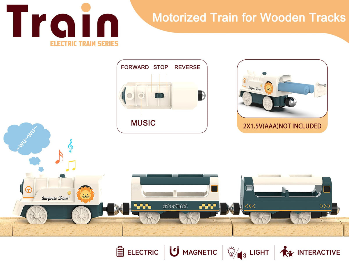 Z MAYABBO Battery Powered 3-Car Train Set for Wooden Tracks – Compatible with Thomas & Friends, Brio, Chuggington