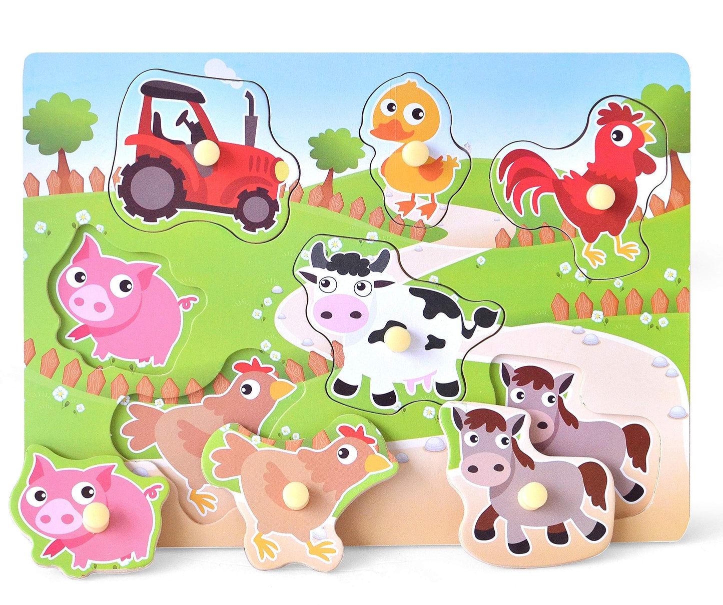 Z MAYABBO Farm Puzzles – Wooden 7-Piece Peg Board for Toddlers
