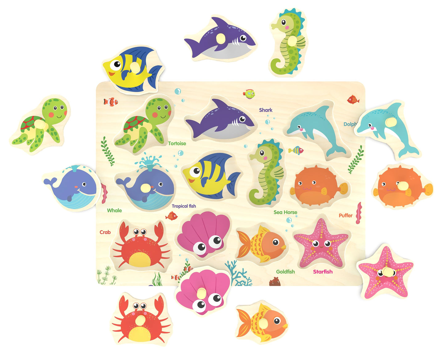 Z MAYABBO Wooden Peg Puzzle – Sea Creature 11-Piece Puzzle for Toddlers 18 Months+