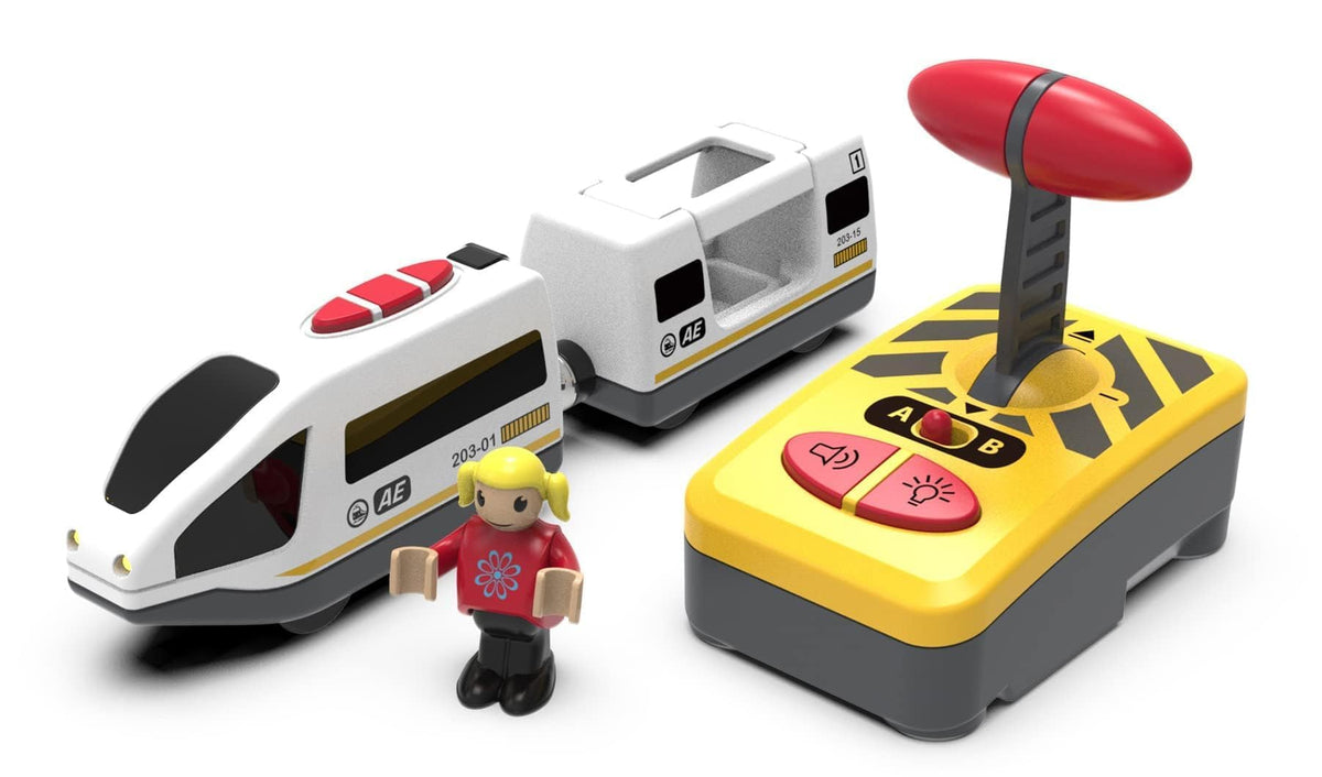 Z MAYABBO Wooden Train Set Accessories – Battery-Operated Locomotive with Remote, Compatible with Major Wood Track Brands