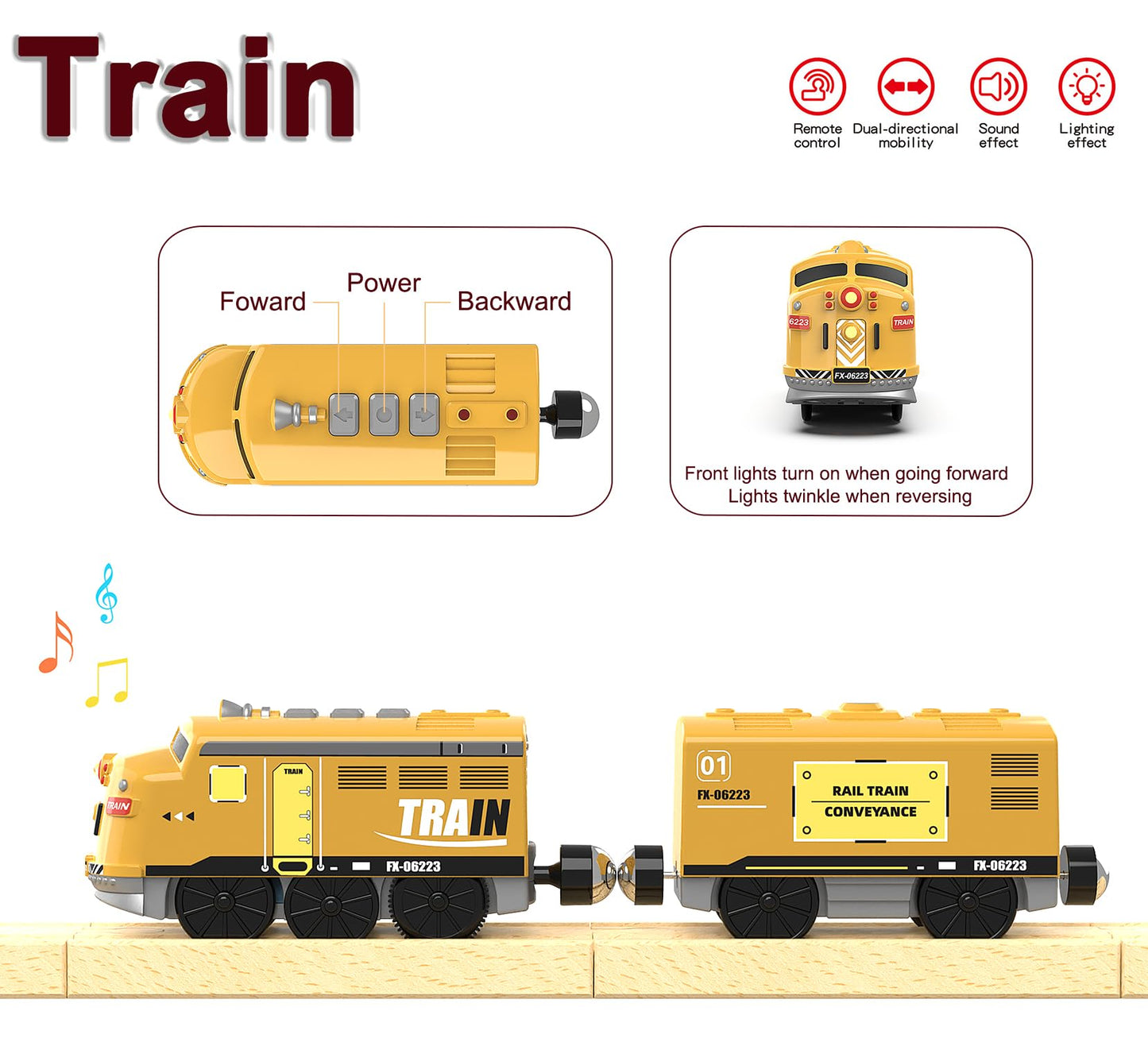 Z MAYABBO Motorized Train for Kids — Remote-Control Locomotive with Lights on Wooden Tracks