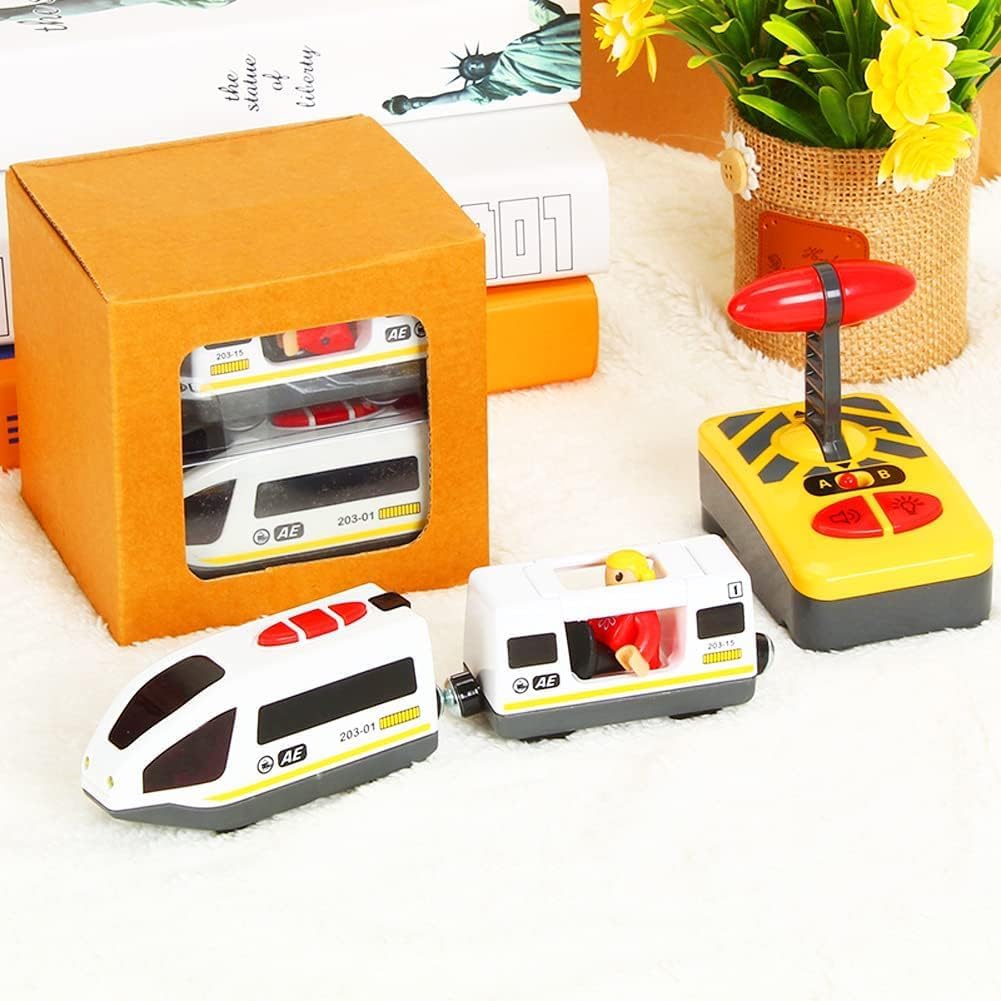 Z MAYABBO Wooden Train Set Accessories – Battery-Operated Locomotive with Remote, Compatible with Major Wood Track Brands