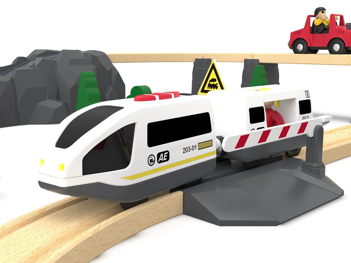 Z MAYABBO Wooden Train Set Accessories – Battery-Operated Locomotive with Remote, Compatible with Major Wood Track Brands