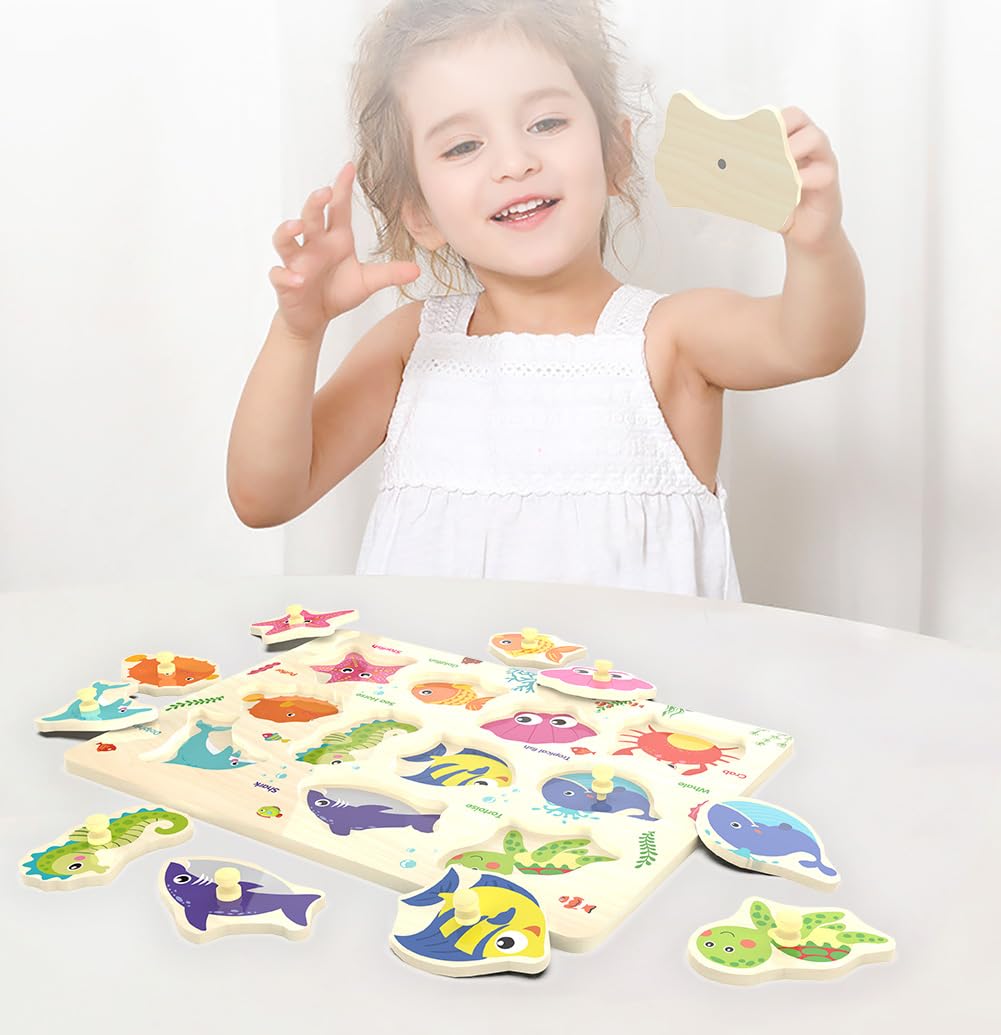 Z MAYABBO Wooden Peg Puzzle – Sea Creature 11-Piece Puzzle for Toddlers 18 Months+