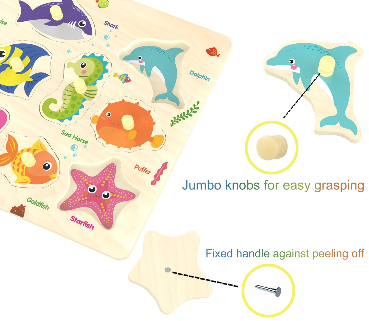 Z MAYABBO Wooden Peg Puzzle – Sea Creature 11-Piece Puzzle for Toddlers 18 Months+