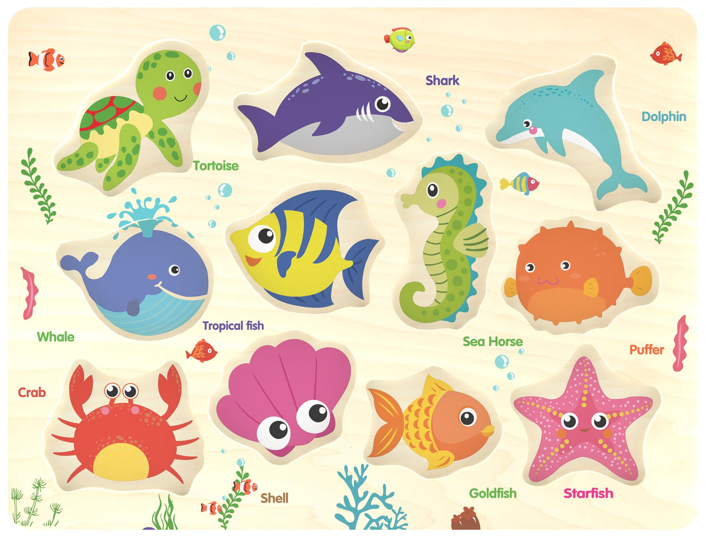 Z MAYABBO Wooden Peg Puzzle – Sea Creature 11-Piece Puzzle for Toddlers 18 Months+