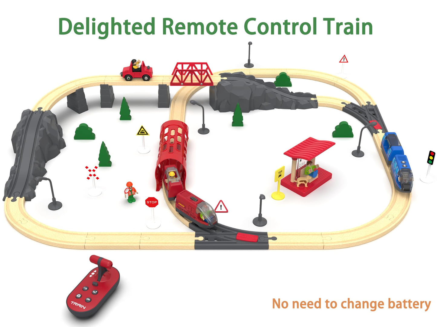 Z MAYABBO Toy Train Set with Remote Control | Wooden Track Compatible with Thomas, Brio & Chuggington