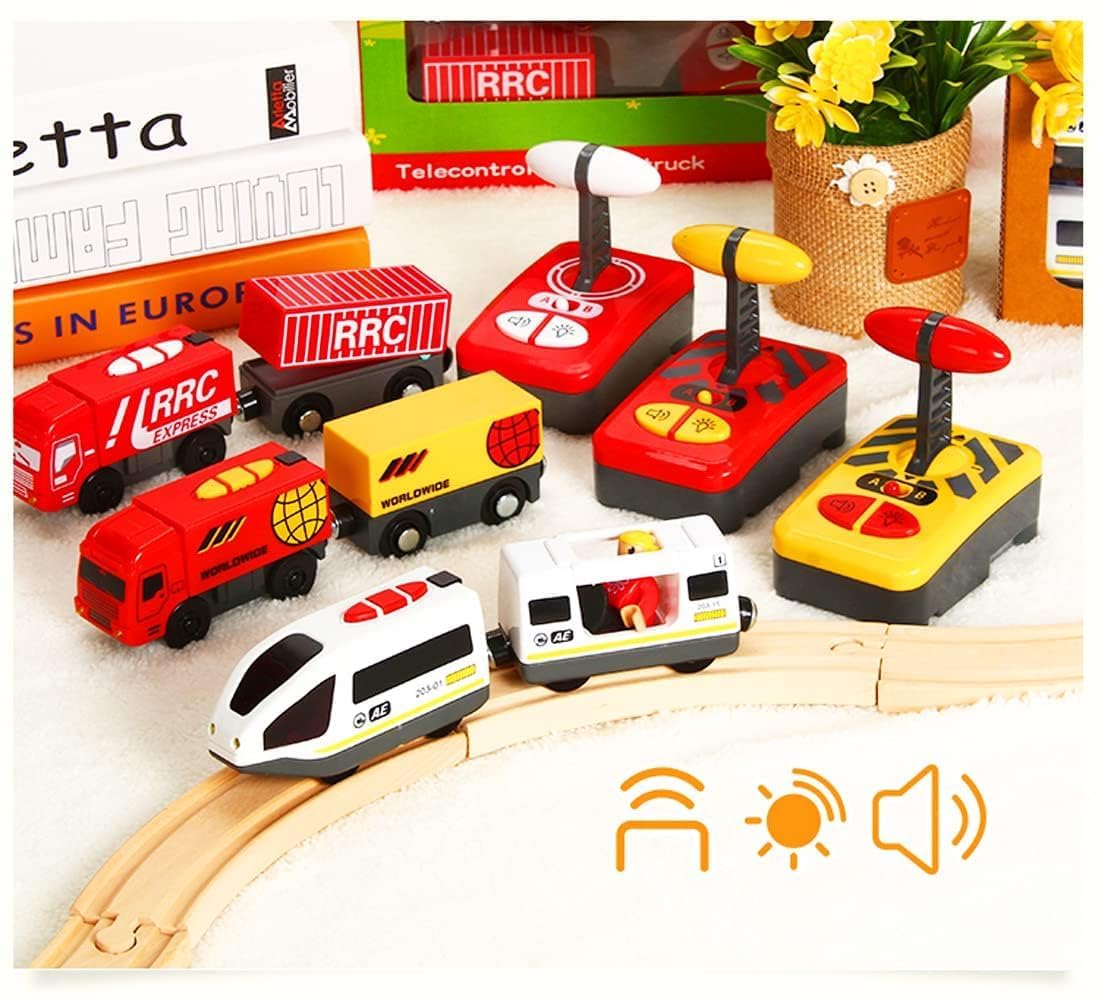 Z MAYABBO Wooden Train Set Accessories – Battery-Operated Locomotive with Remote, Compatible with Major Wood Track Brands