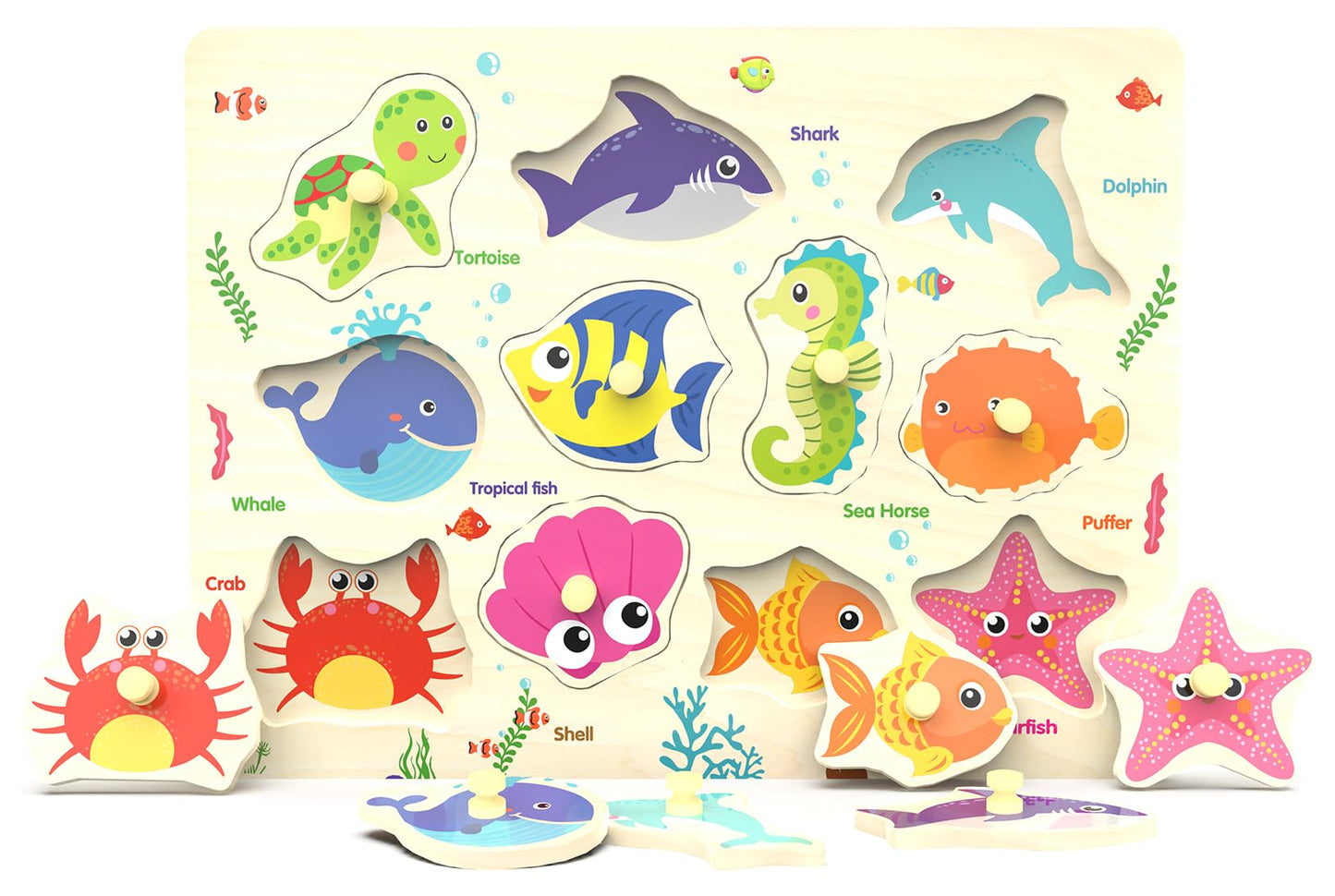 Z MAYABBO Wooden Peg Puzzle – Sea Creature 11-Piece Puzzle for Toddlers 18 Months+
