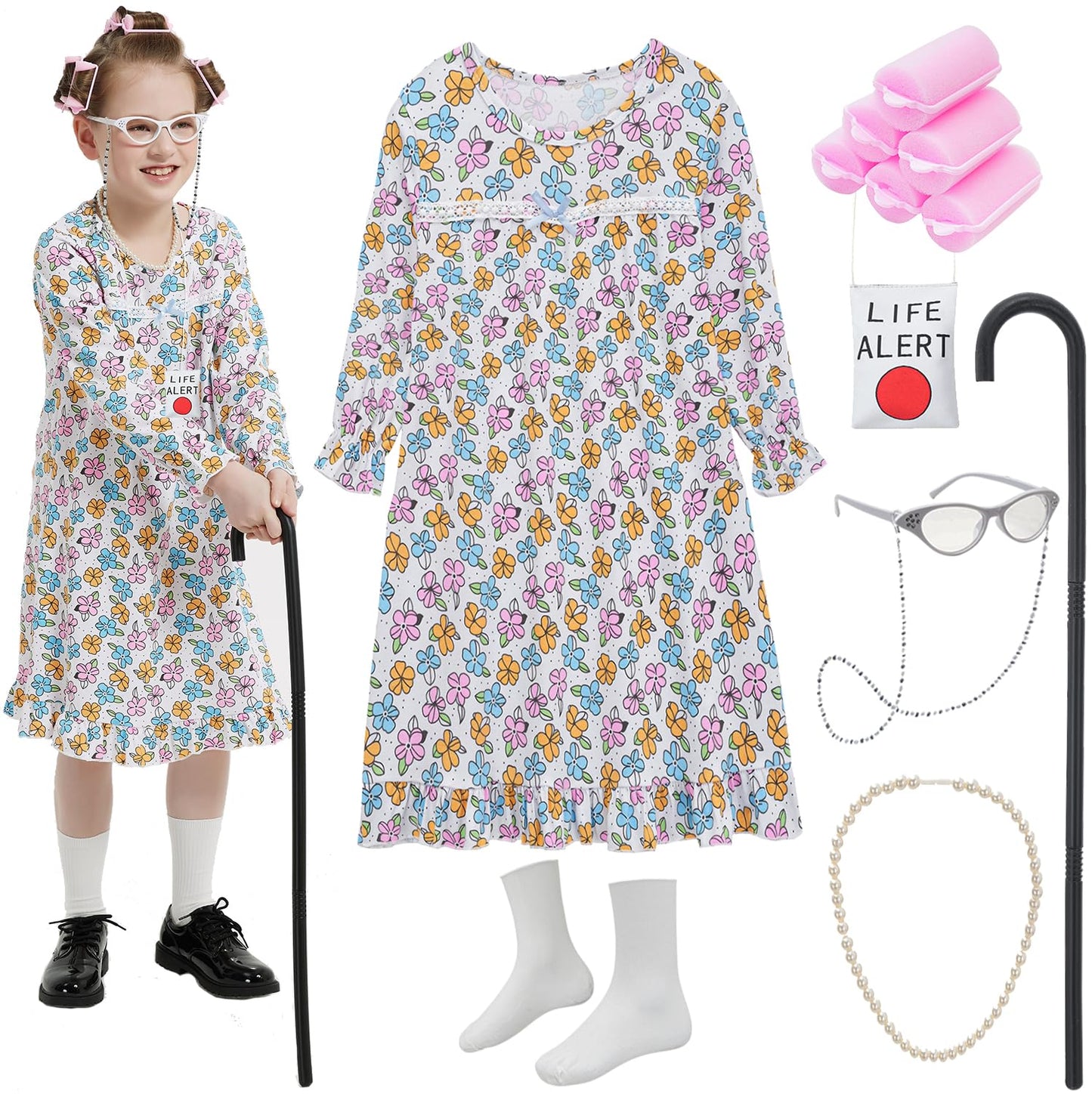 Z-Shop Old Lady Costume for Girls – 100 Days of School Grandma Look (Multicolor)