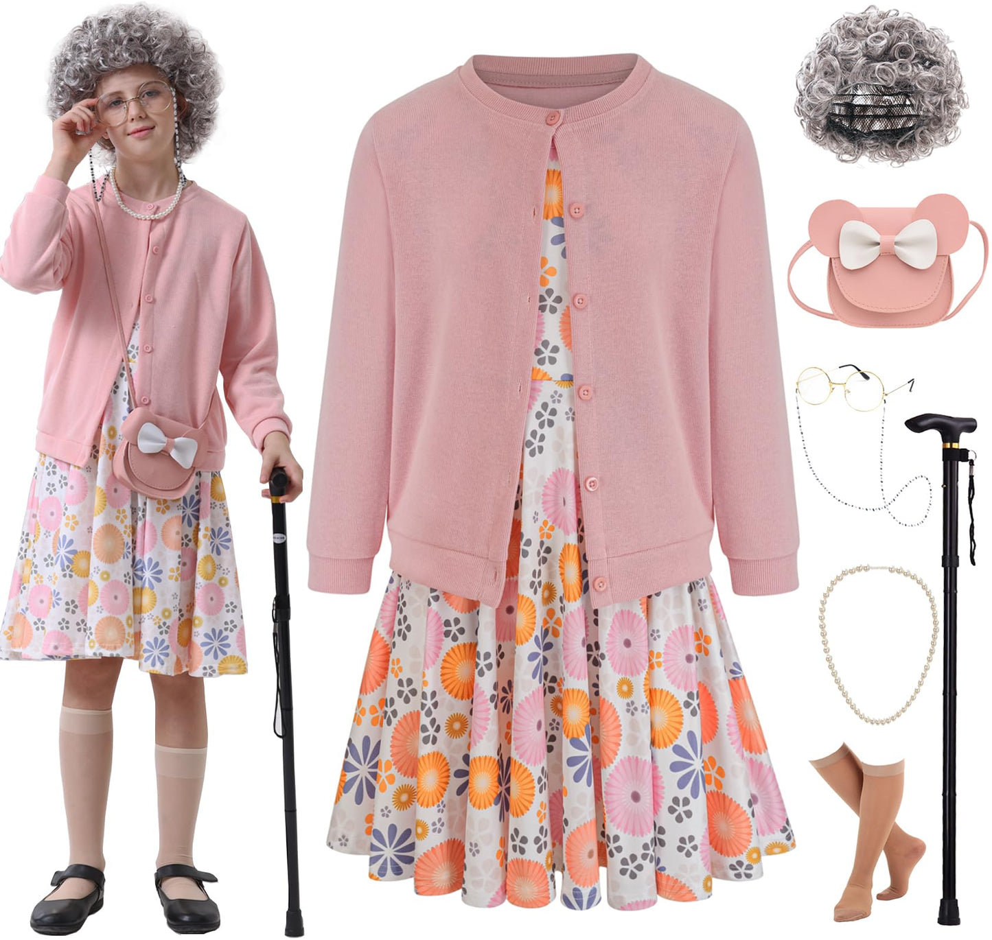 Z-Shop 100 Days of School Old Lady Costume Kit for Kids – Pink Grandma Dress Up