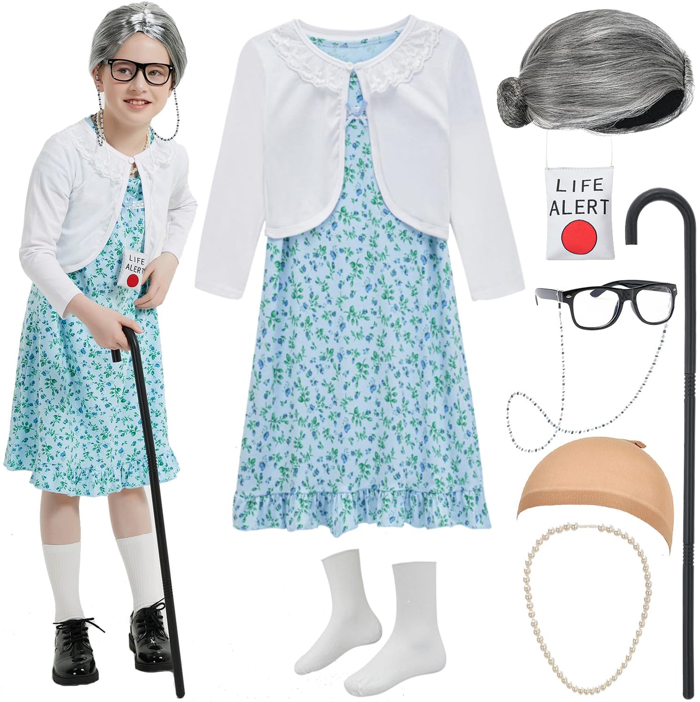Z-Shop Old Lady Costume for Girls – 100th Day Dress Up with Wig