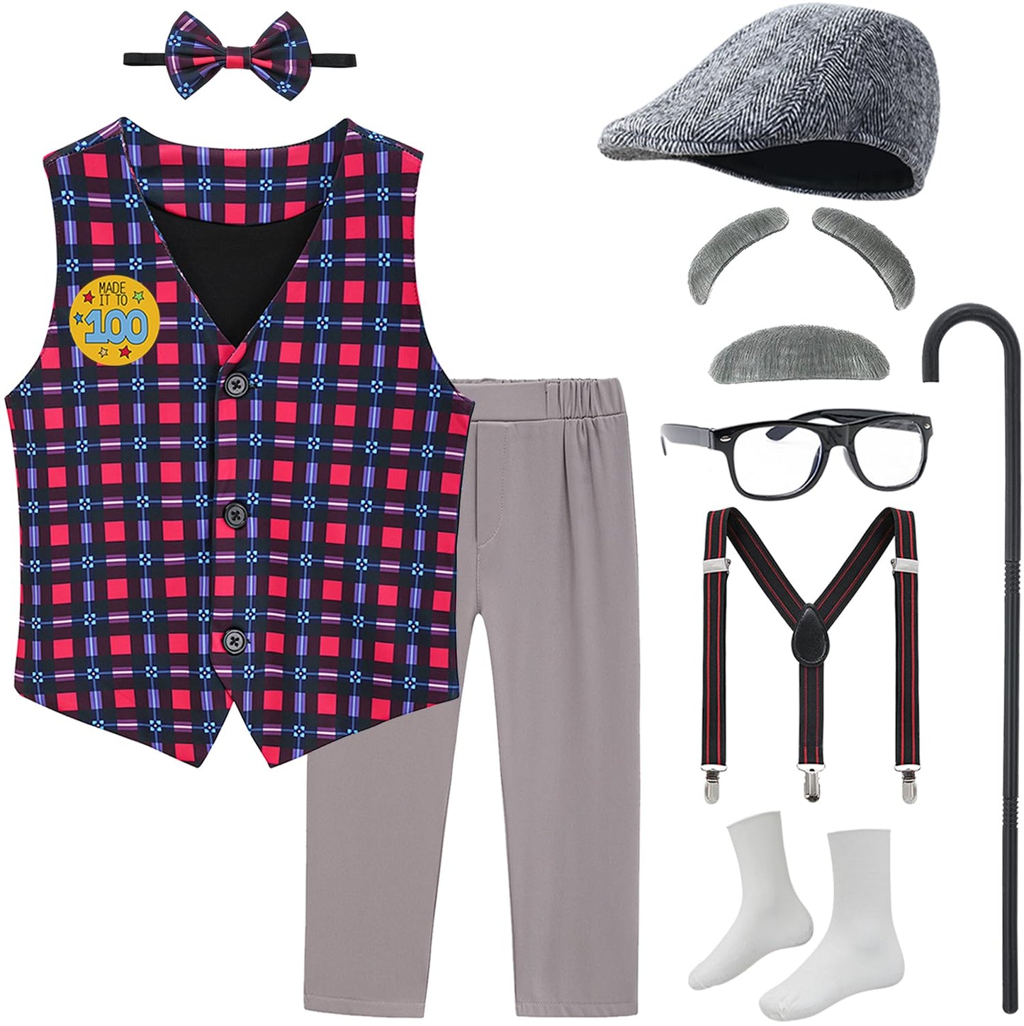 Z-Shop Old Man Costume for Kids – 100 Days of School Grandpa Outfit with Vest, Pants & Accessories