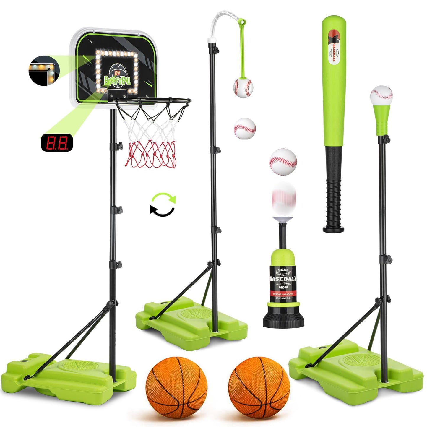 ZACEAC 4-in-1 Kids Basketball Hoop & T-Ball Set – Adjustable Height for Ages 3–12