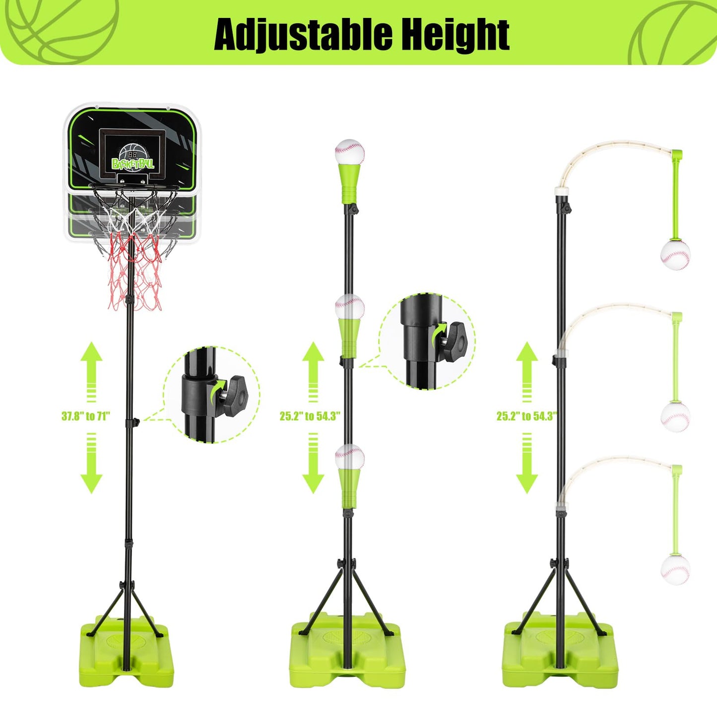 ZACEAC 4-in-1 Kids Basketball Hoop & T-Ball Set – Adjustable Height for Ages 3–12