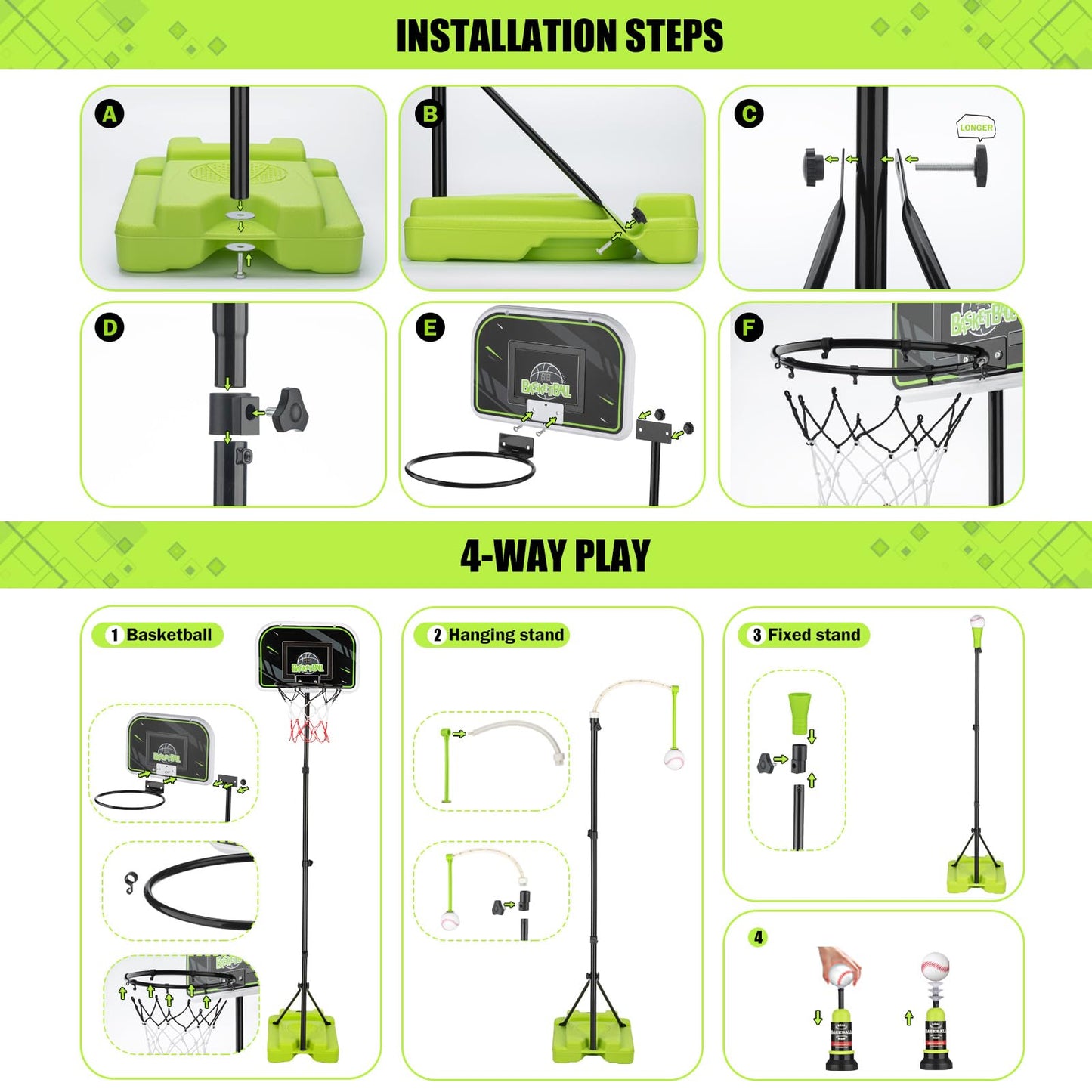 ZACEAC 4-in-1 Kids Basketball Hoop & T-Ball Set – Adjustable Height for Ages 3–12