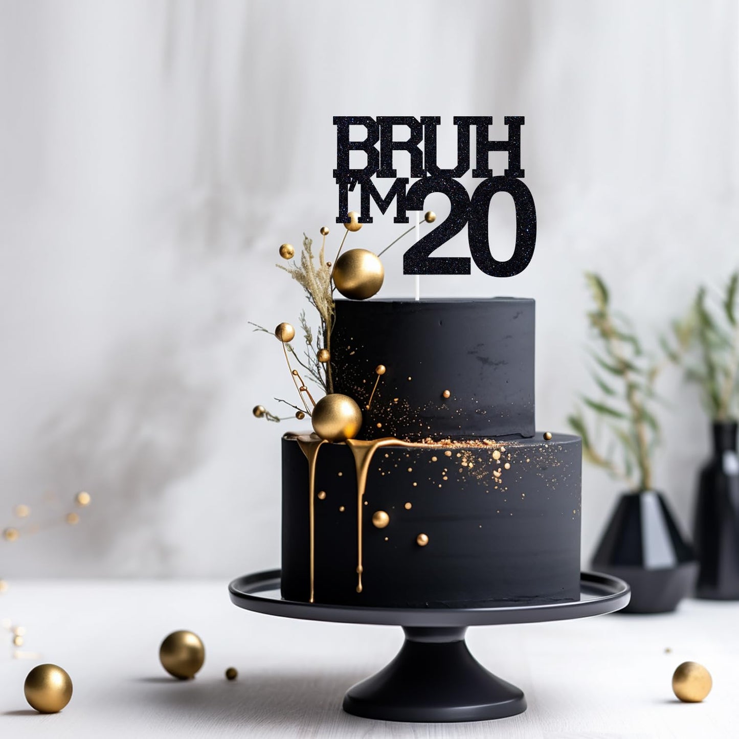 ZACHAKO Black Glitter Bruh I'm 20 Topper - 20th Birthday Decor