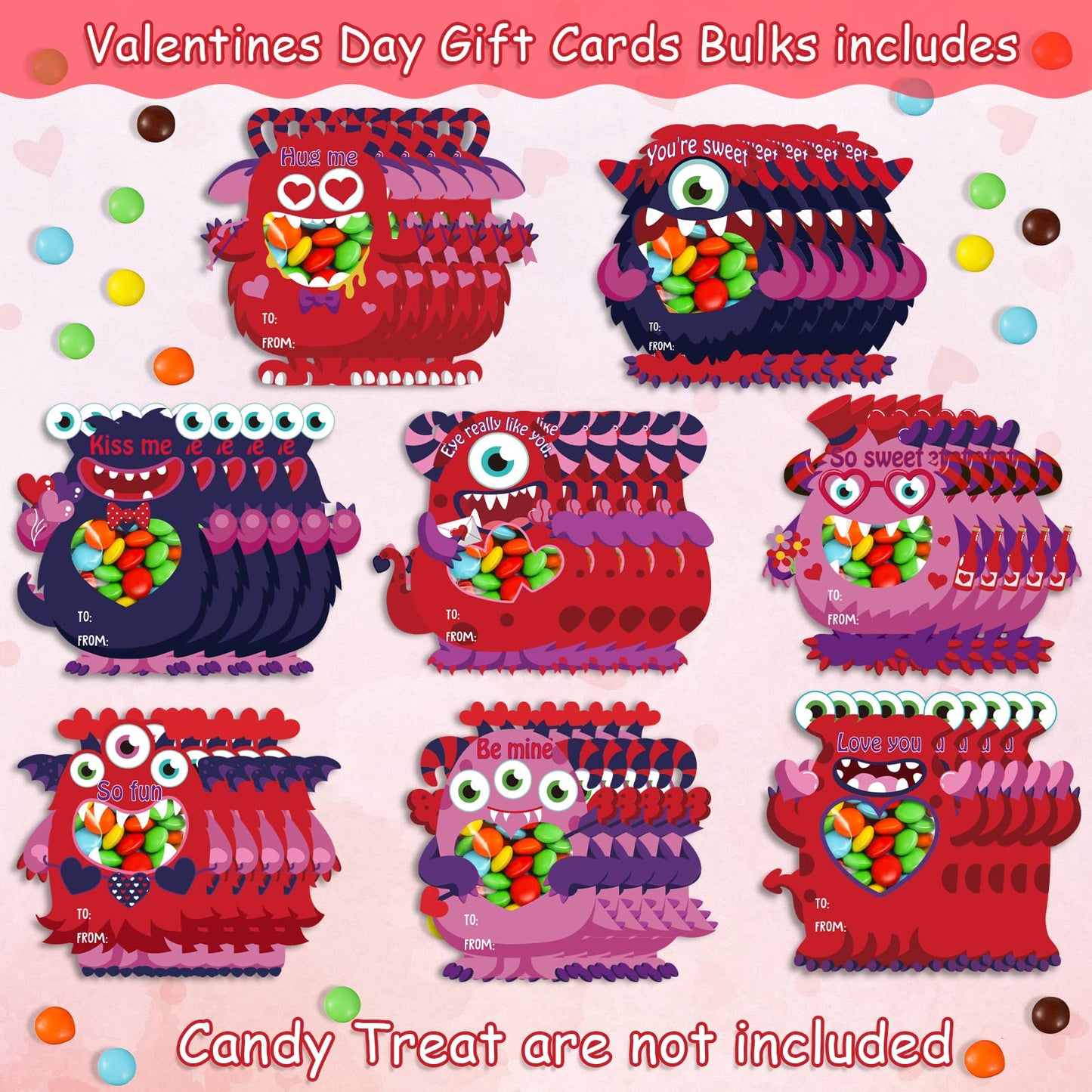 Zachely 40 Monster Valentine Cards for Kids – 8 Styles, Gift Bags, DIY Classroom Favors
