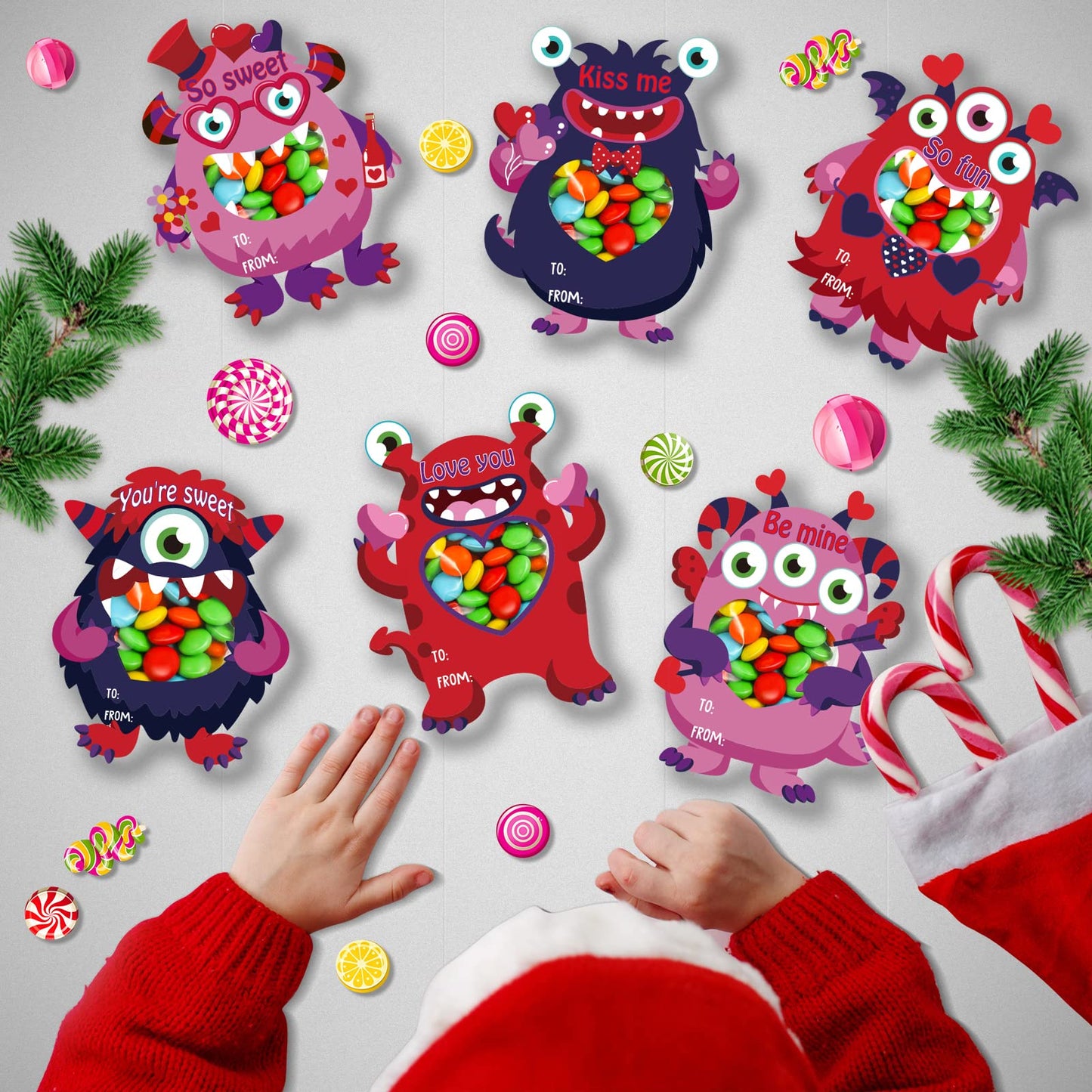 Zachely 40 Monster Valentine Cards for Kids – 8 Styles, Gift Bags, DIY Classroom Favors
