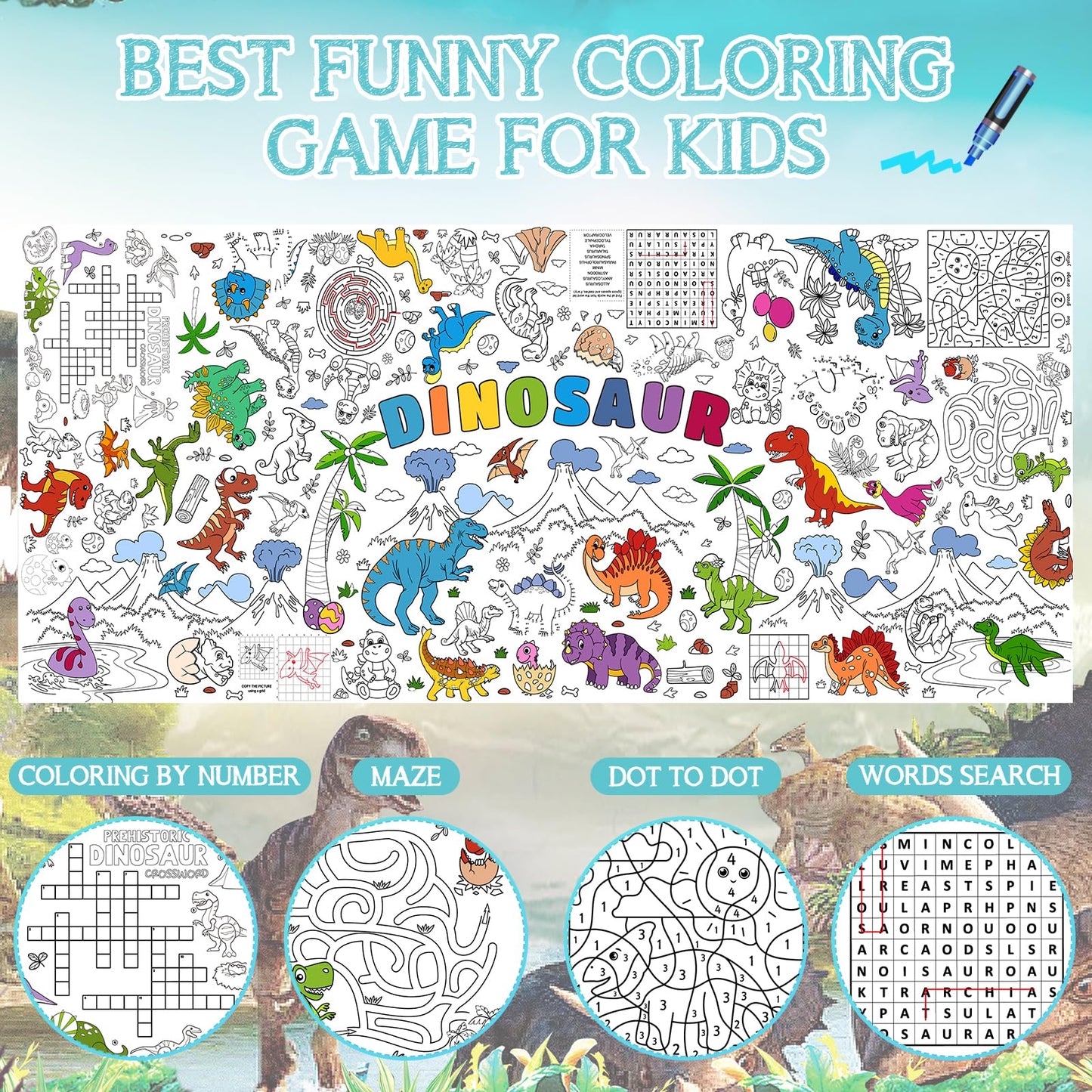 Zachely Dinosaur Giant Coloring Poster 30x72 in — Kids Tablecloth, Backdrop & Activity Poster
