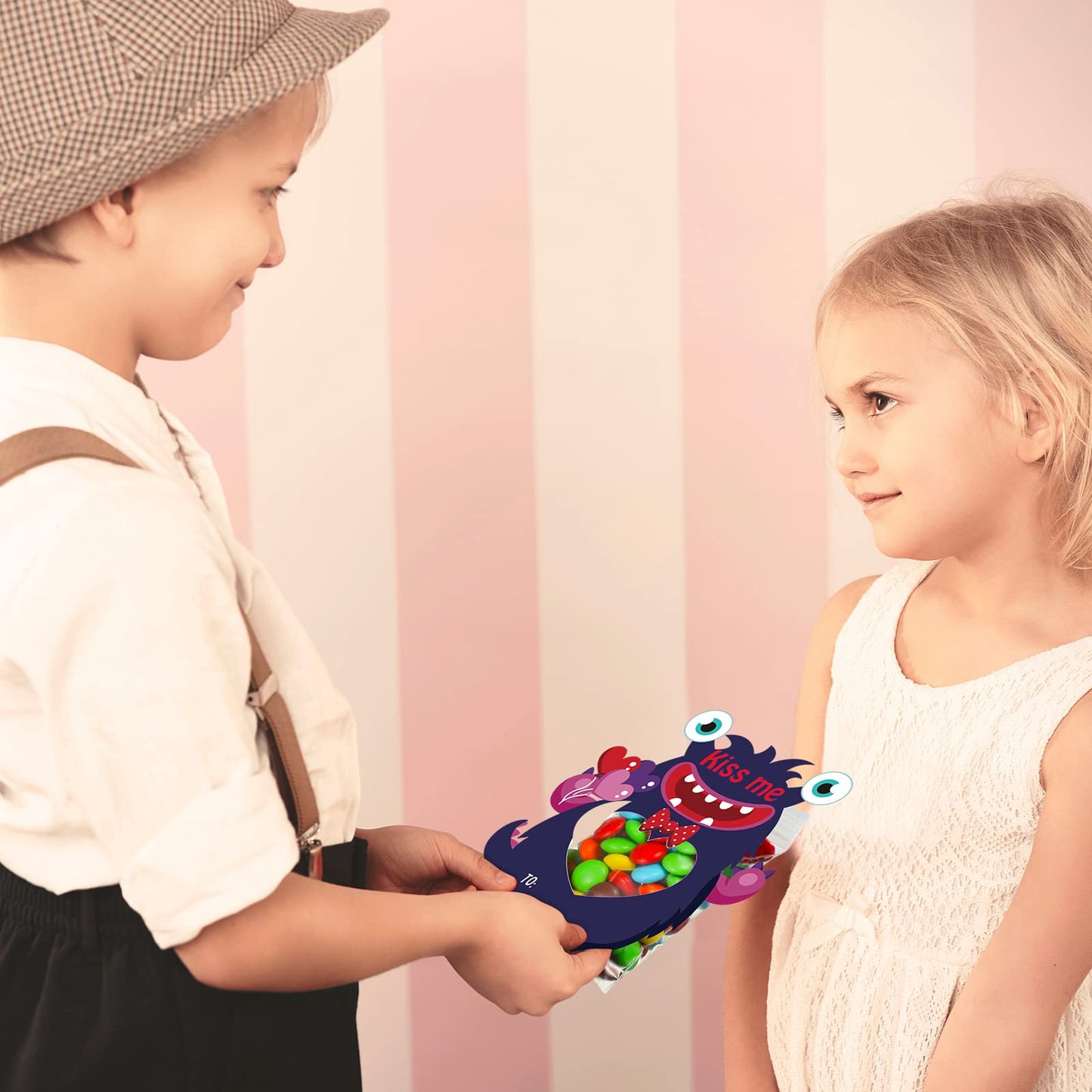 Zachely 40 Monster Valentine Cards for Kids – 8 Styles, Gift Bags, DIY Classroom Favors