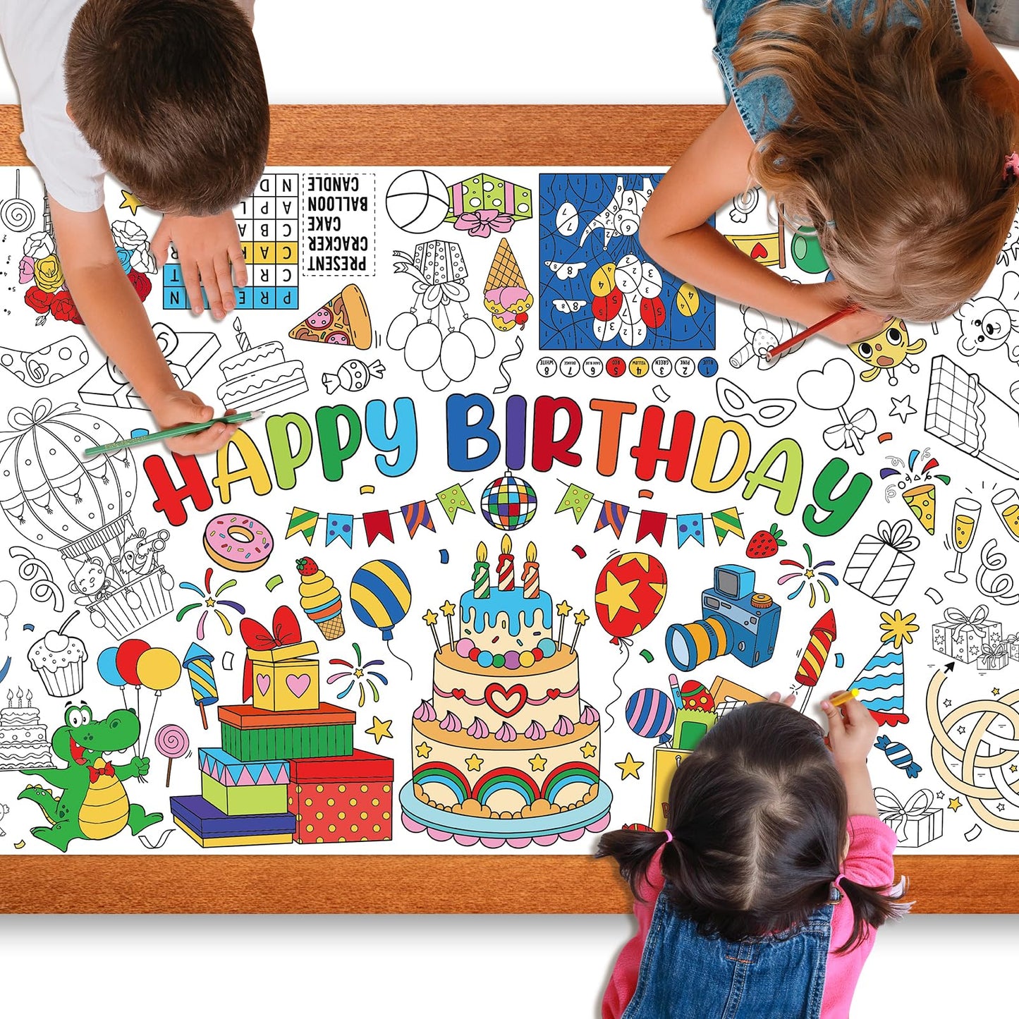 Zachely Happy Birthday Coloring Poster 30x72 in – Giant Tablecloth & Kids Activity Decor