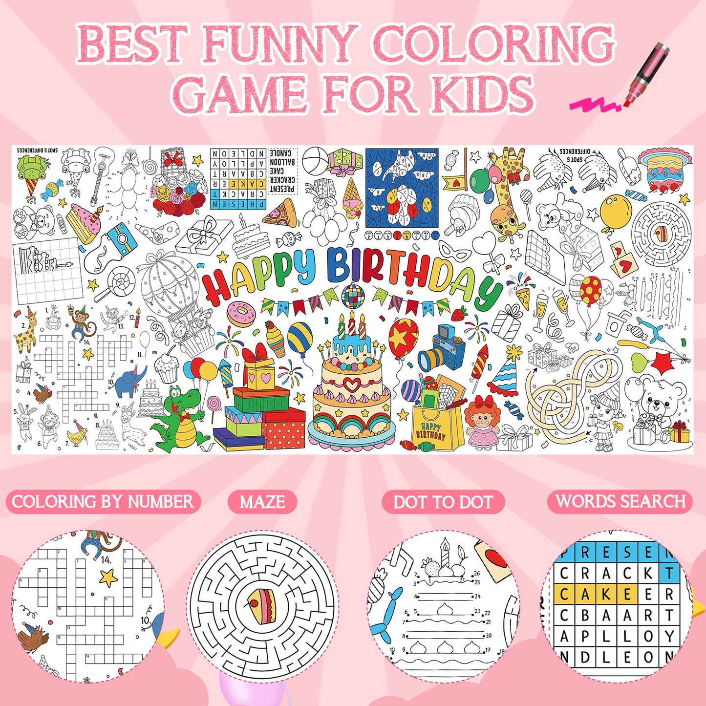 Zachely Happy Birthday Coloring Poster 30x72 in – Giant Tablecloth & Kids Activity Decor