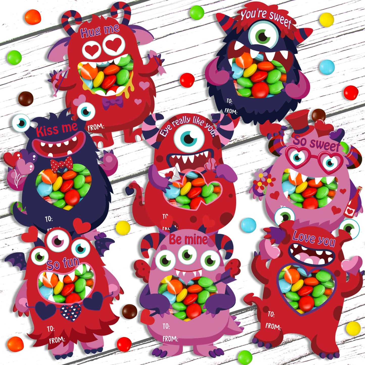 Zachely 40 Monster Valentine Cards for Kids – 8 Styles, Gift Bags, DIY Classroom Favors