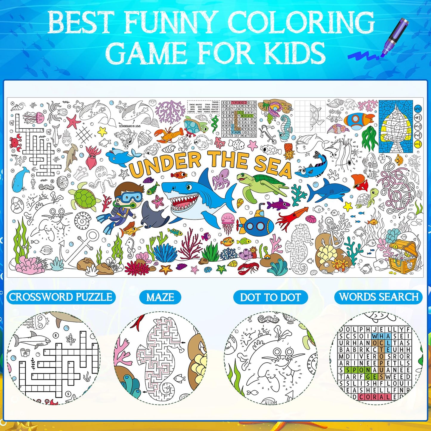Zachely Under The Sea Coloring Poster 30x72 — Ocean Animals Giant Coloring Tablecloth