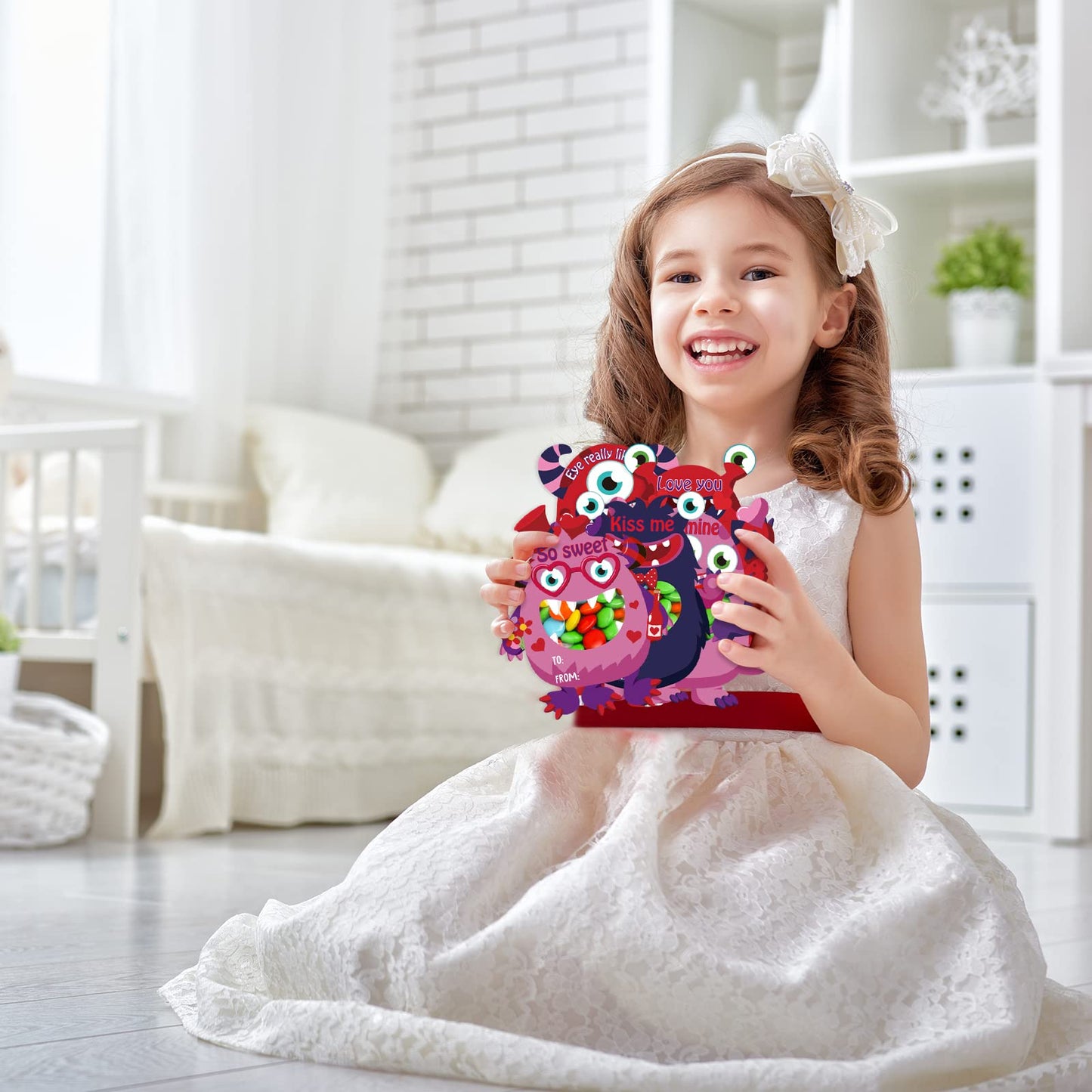 Zachely 40 Monster Valentine Cards for Kids – 8 Styles, Gift Bags, DIY Classroom Favors