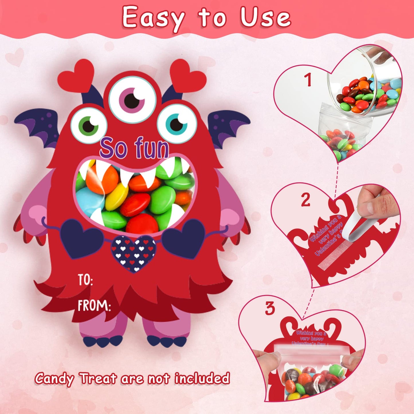 Zachely 40 Monster Valentine Cards for Kids – 8 Styles, Gift Bags, DIY Classroom Favors