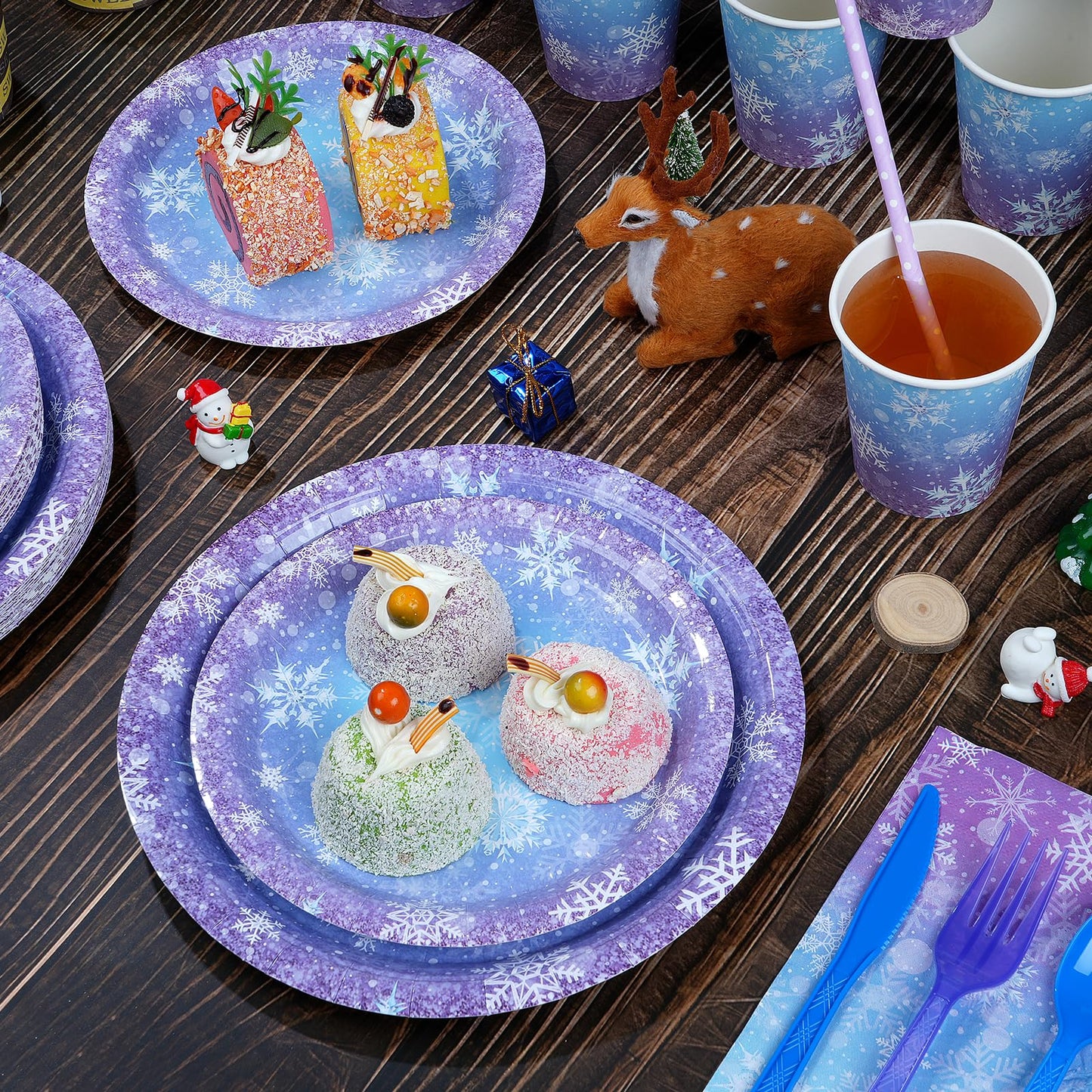 Zachely Winter Snowflake Paper Plates & Napkins Set – Blue & Purple Snowflake Disposable Tableware for Christmas & Winter Parties | Serves 25