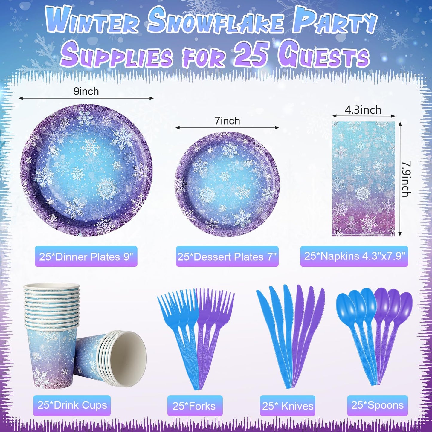 Zachely Winter Snowflake Paper Plates & Napkins Set – Blue & Purple Snowflake Disposable Tableware for Christmas & Winter Parties | Serves 25