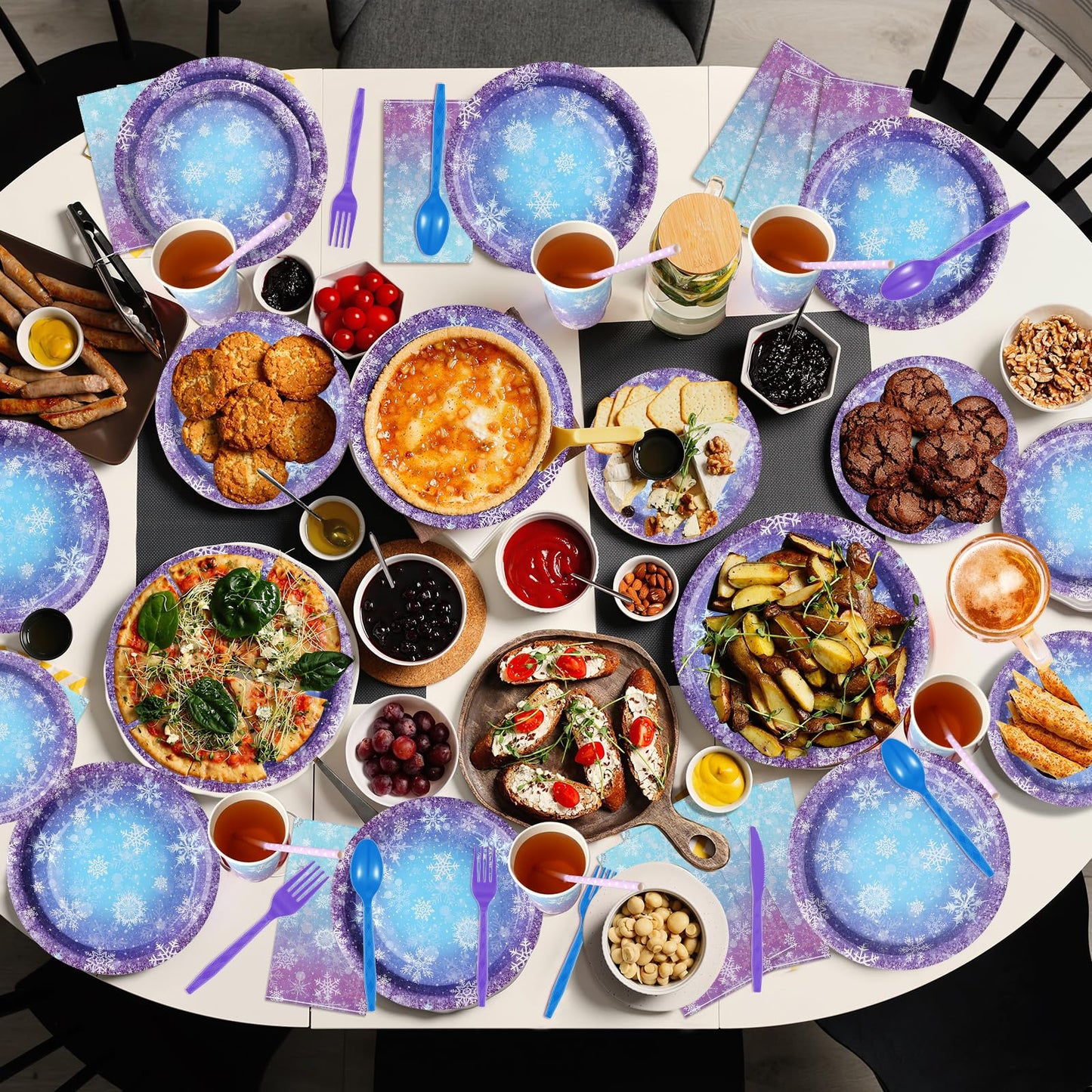 Zachely Winter Snowflake Paper Plates & Napkins Set – Blue & Purple, Serves 50